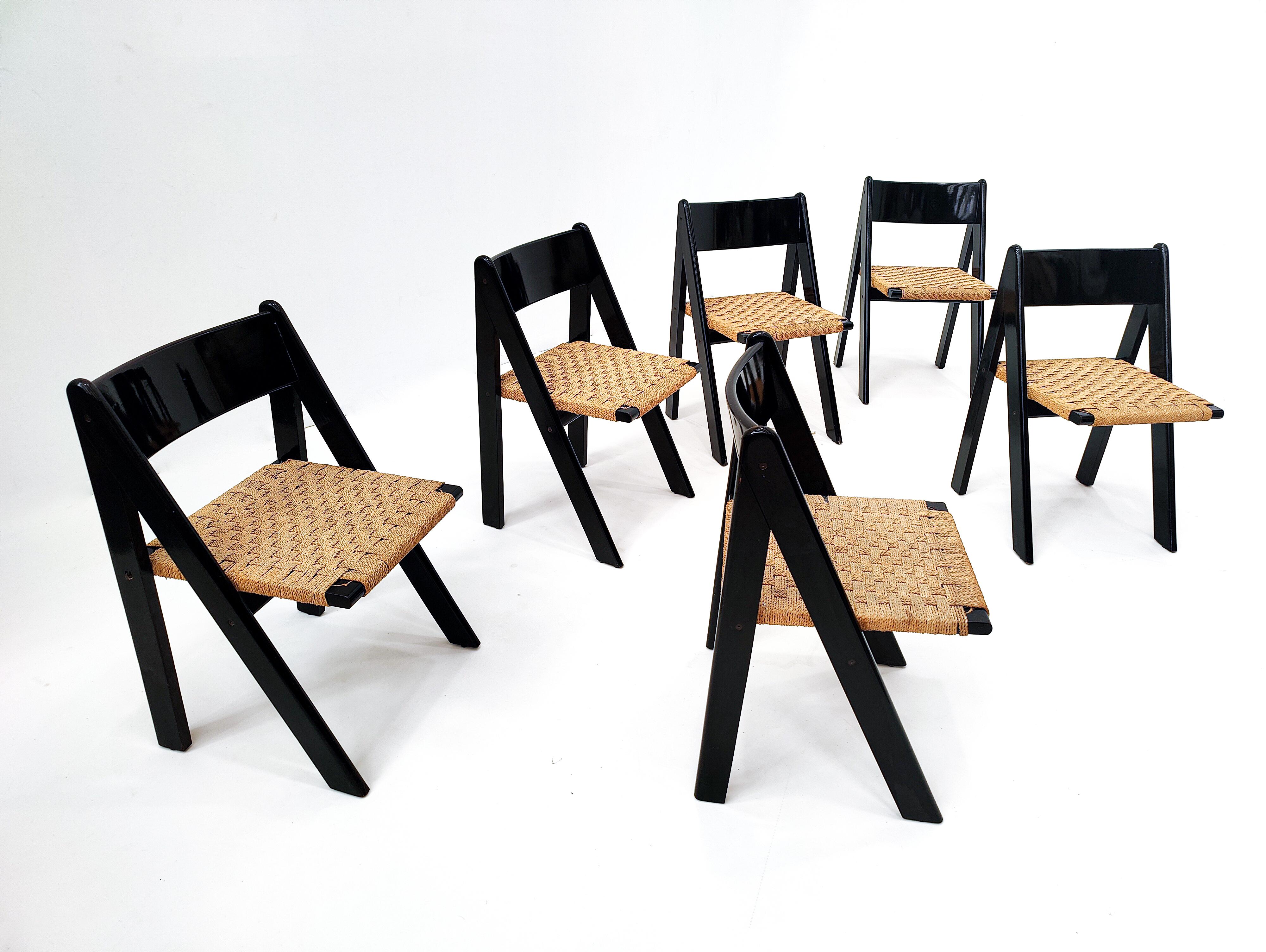 Italian Mid-Century Modern Set of 6 Black Wood and Rope Chairs, Italy, 1960s