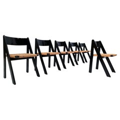 Mid-Century Modern Set of 6 Black Wood and Rope Chairs, Italy, 1960s