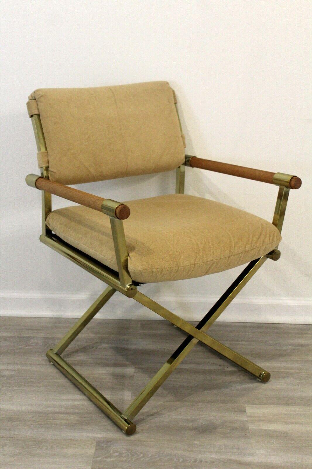 Mid-Century Modern Set of 6 Brass & Wood Cal-Style Directors Chairs In Good Condition In Keego Harbor, MI