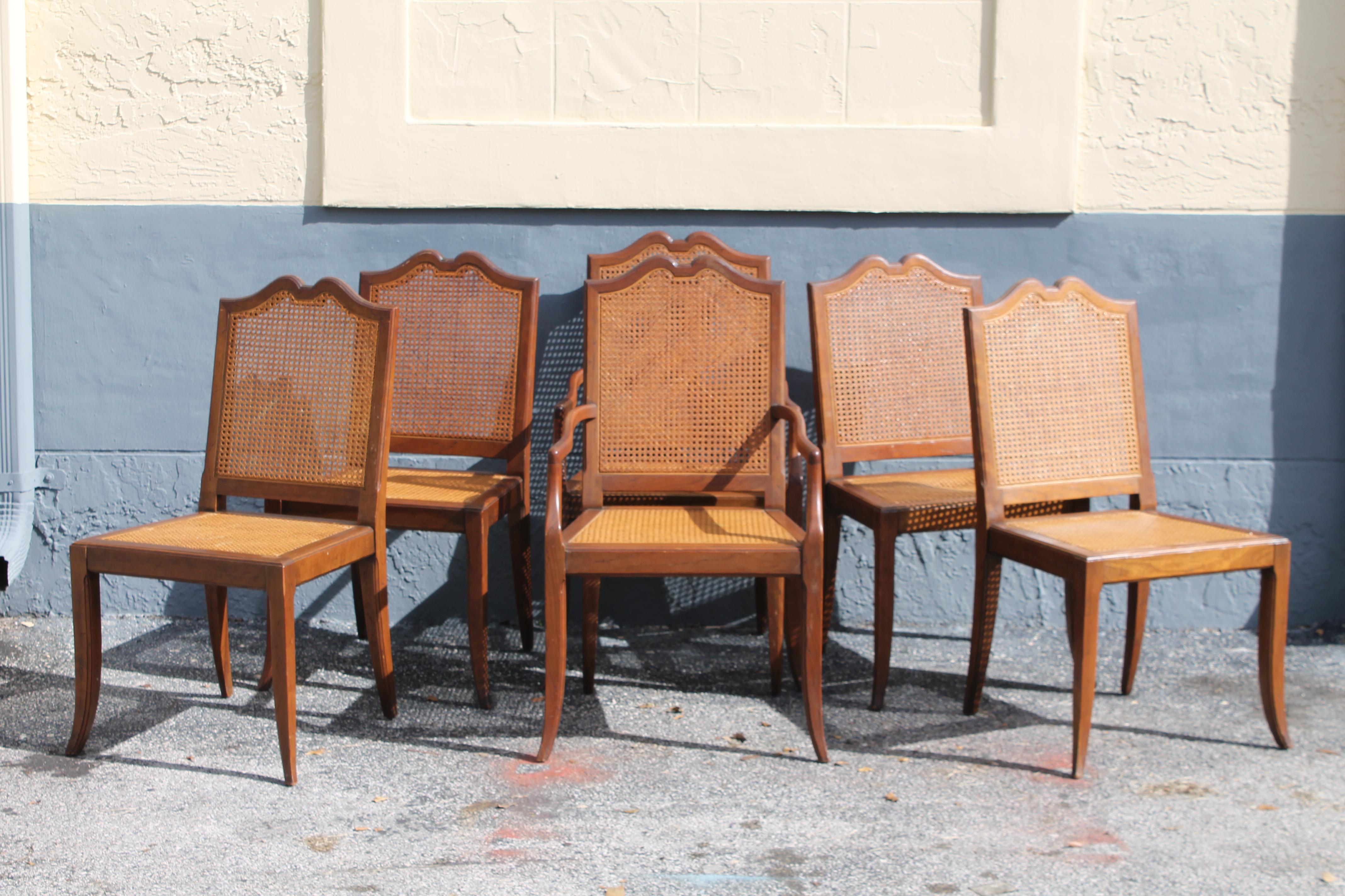 The Moderns Modern Set of 6 Carved and Caned Walnut Dining Chairs 1970's en vente 4