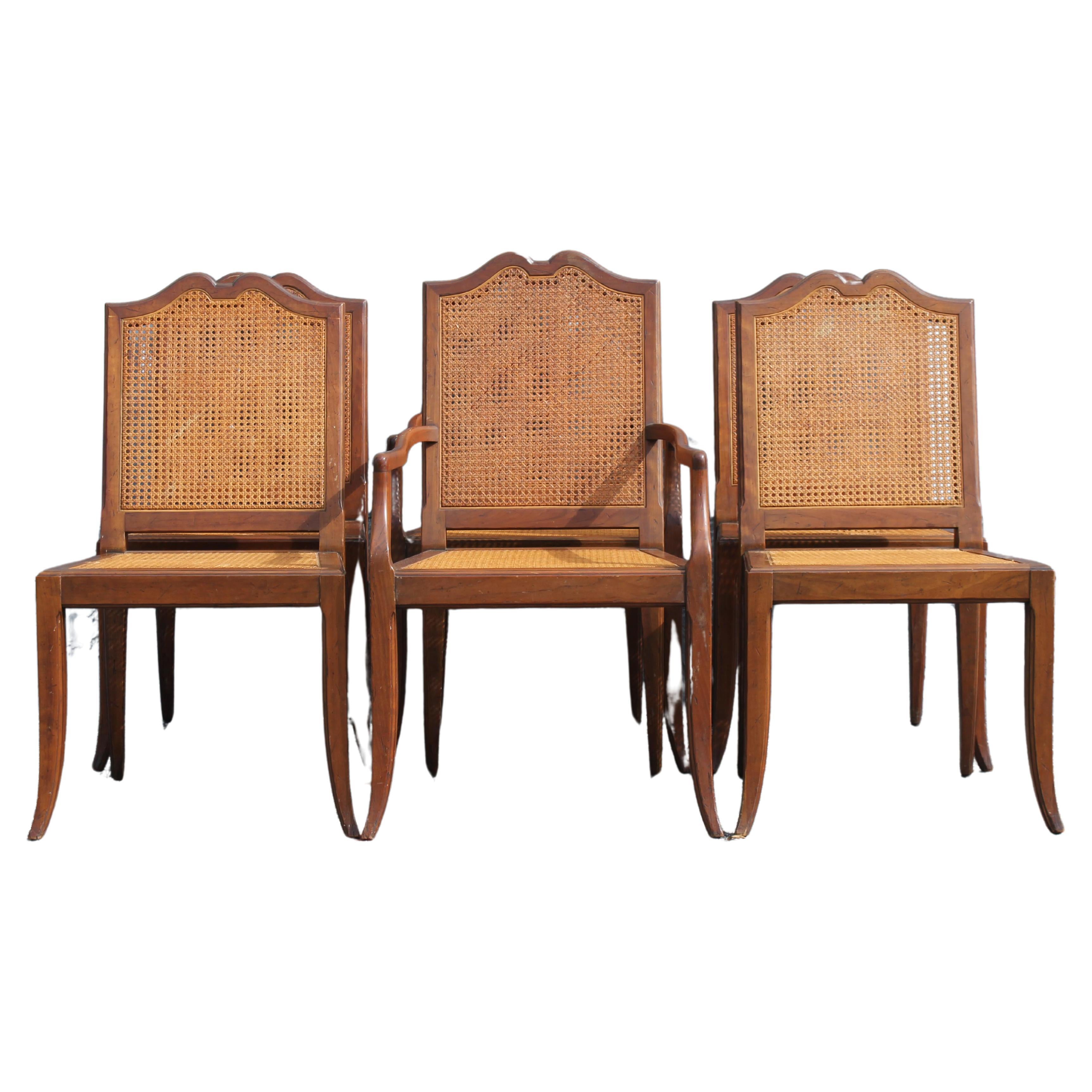 Mid Century Modern Set of 6 Carved and Caned Walnut Dining Chairs 1970's For Sale