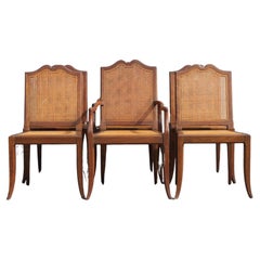 Mid Century Modern Set of 6 Carved and Caned Walnut Dining Chairs 1970's