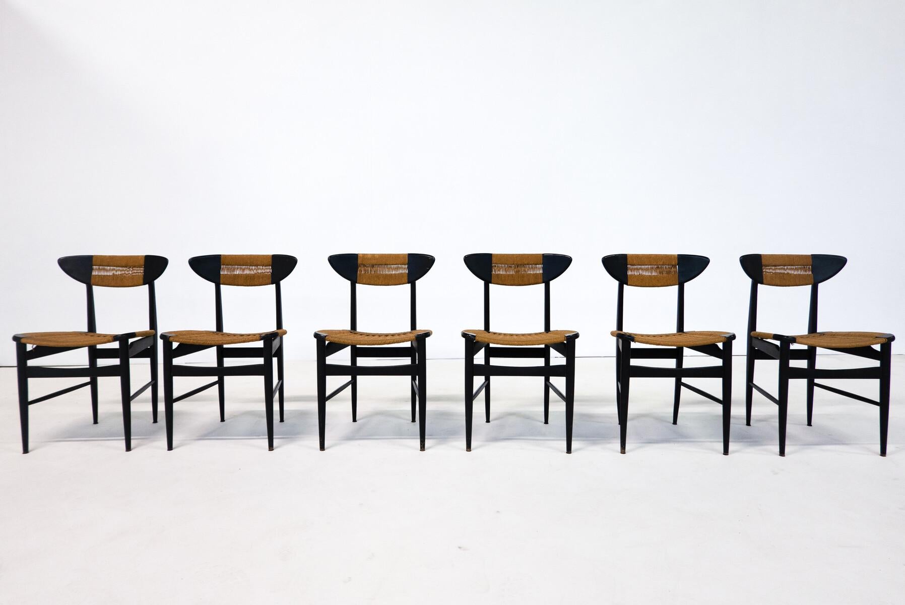 Mid-Century Modern Set of 6 Chairs, Black Wood and Rope, Italy, 1960s 5