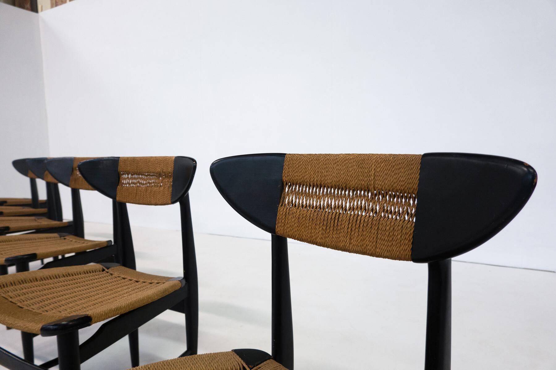 Mid-Century Modern Set of 6 Chairs, Black Wood and Rope, Italy, 1960s 6