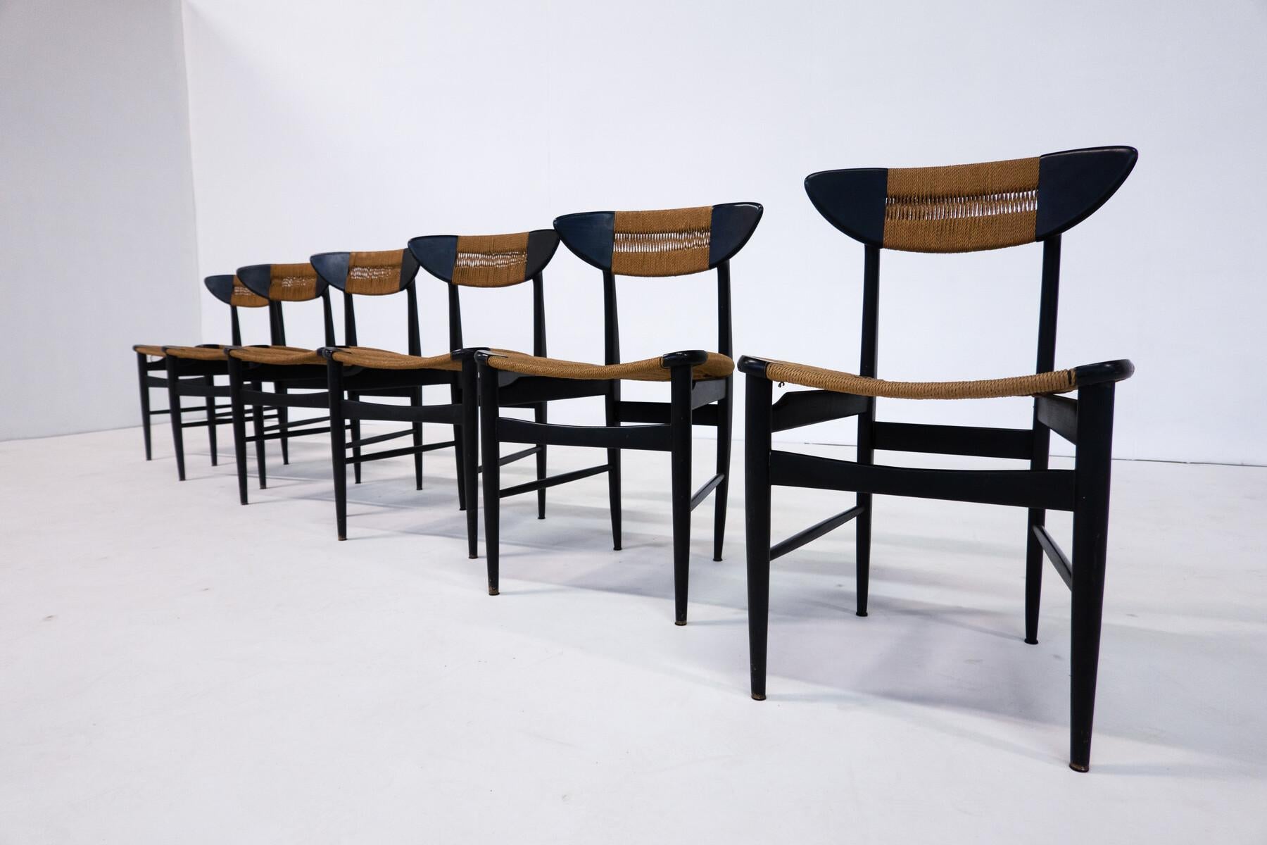 Mid-Century Modern Set of 6 Chairs, Black Wood and Rope, Italy, 1960s 7
