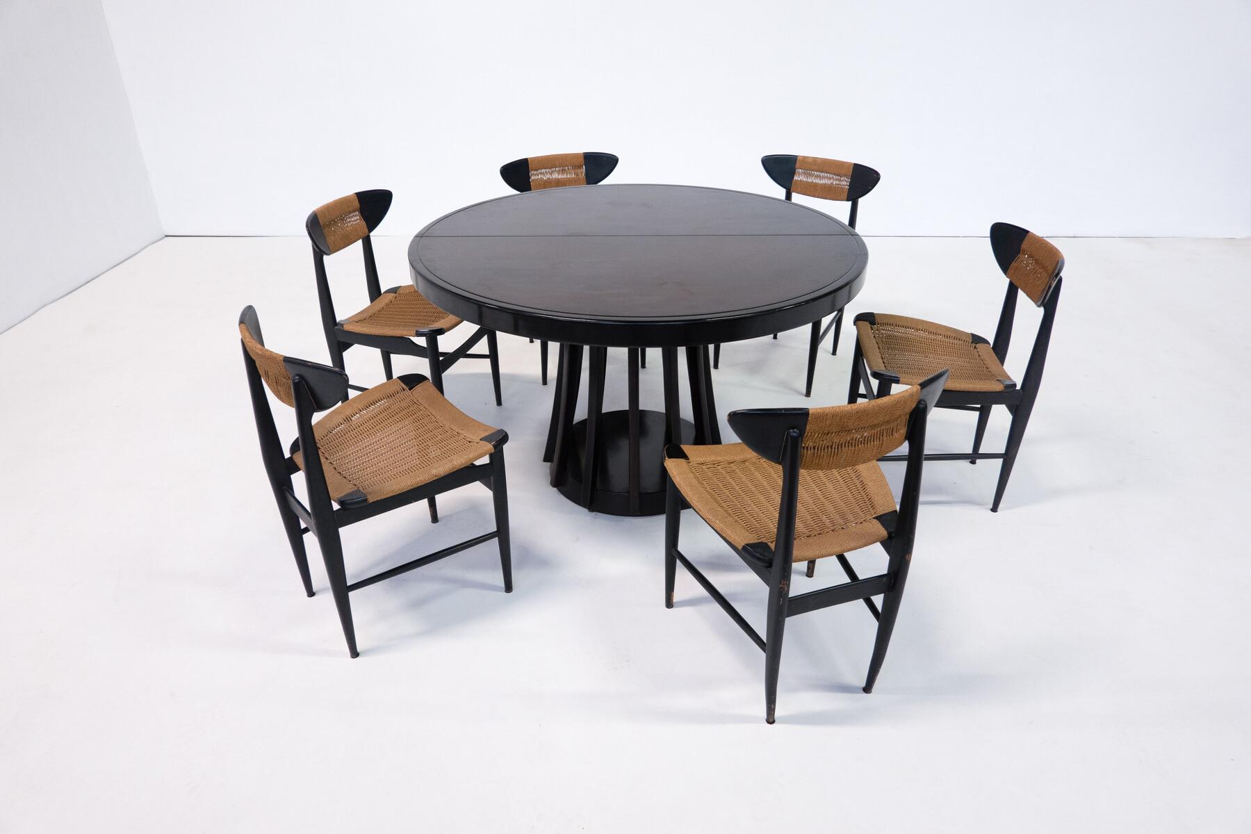 Mid-Century Modern Set of 6 Chairs, Black Wood and Rope, Italy, 1960s 8