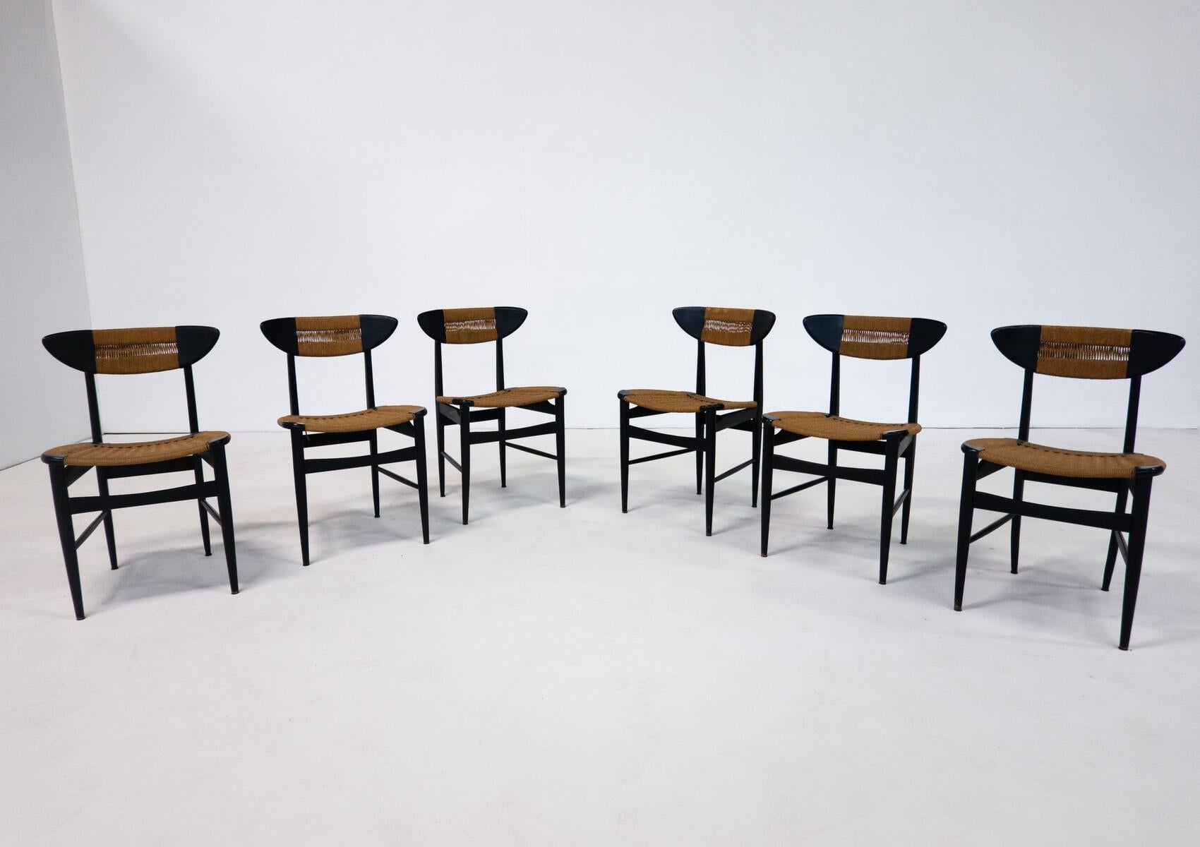 Mid-Century Modern Set of 6 Chairs, Black Wood and Rope, Italy, 1960s 9