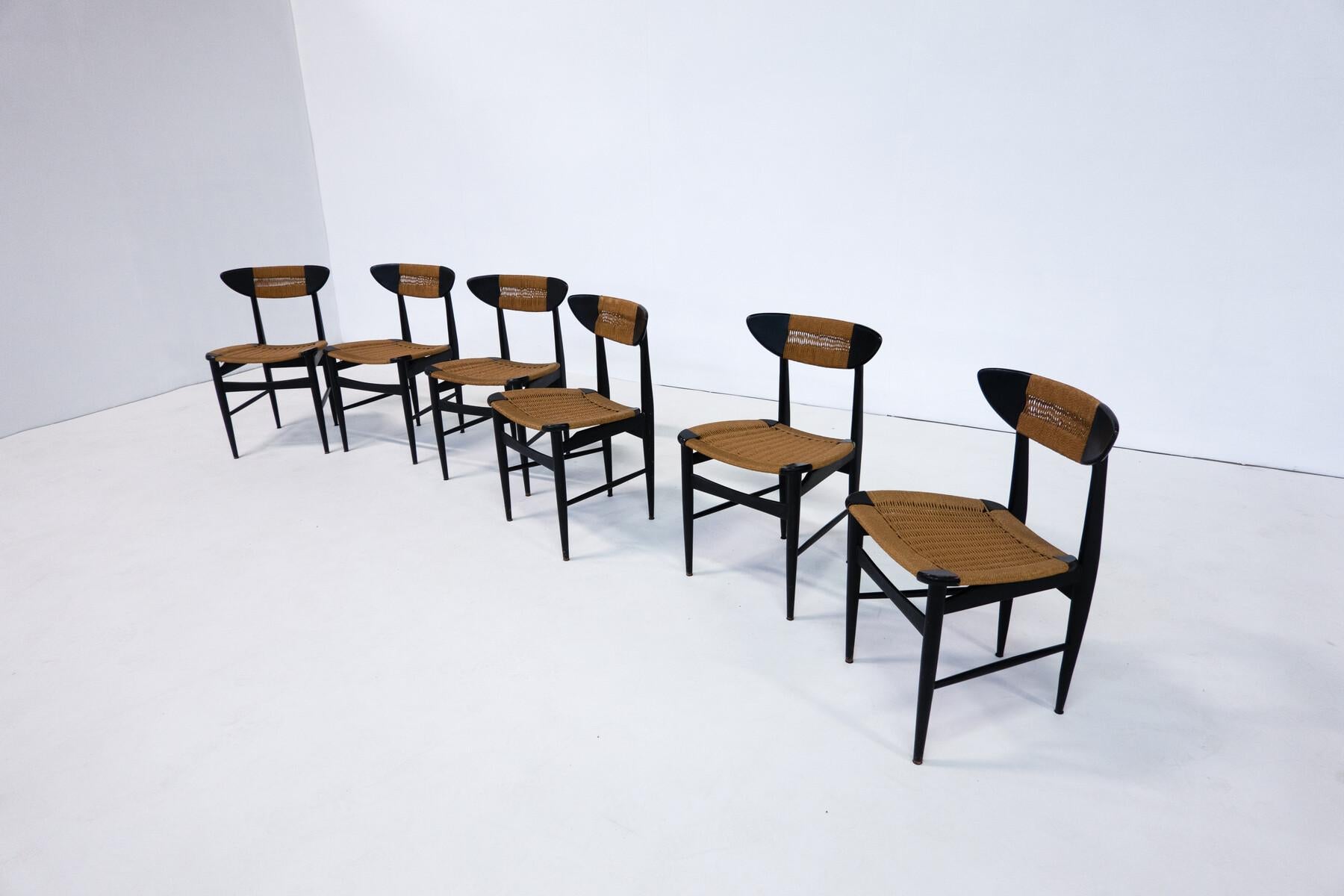 Mid-Century Modern Set of 6 Chairs, Black Wood and Rope, Italy, 1960s 10