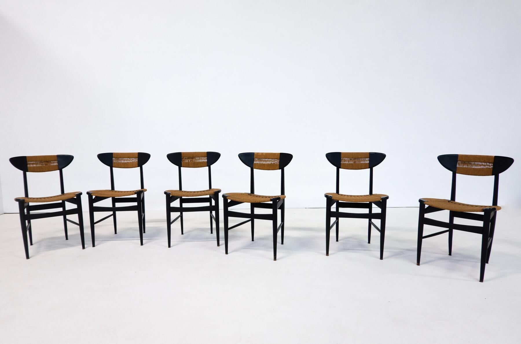 Mid-Century Modern Set of 6 Chairs, Black Wood and Rope, Italy, 1960s 11