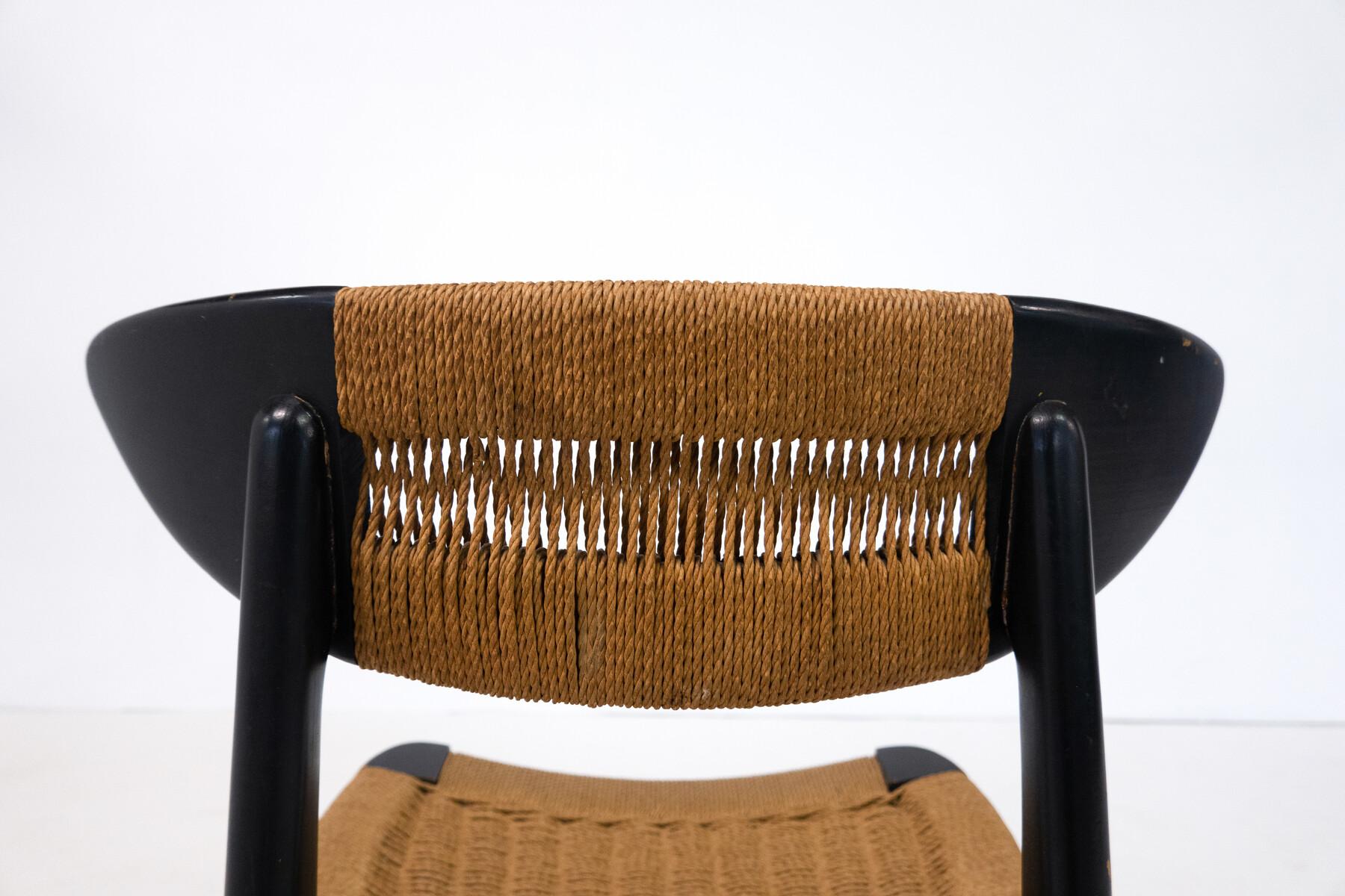 Mid-Century Modern Set of 6 Chairs, Black Wood and Rope,Italy,1960s