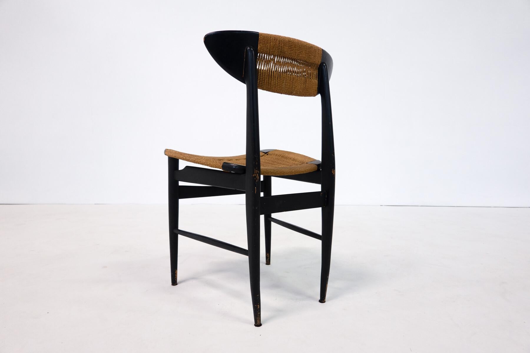 Mid-Century Modern Set of 6 Chairs, Black Wood and Rope, Italy, 1960s In Good Condition In Brussels, BE