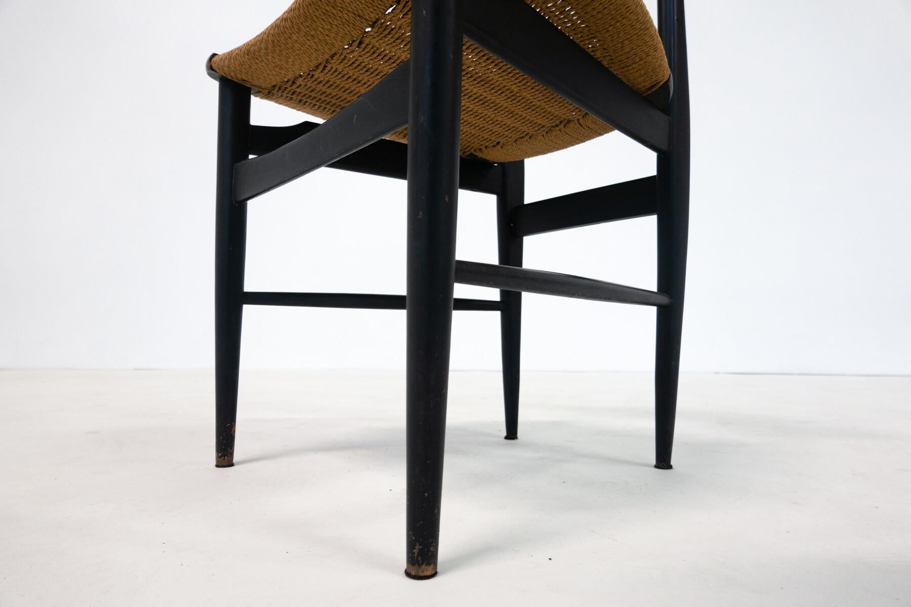 Mid-20th Century Mid-Century Modern Set of 6 Chairs, Black Wood and Rope, Italy, 1960s