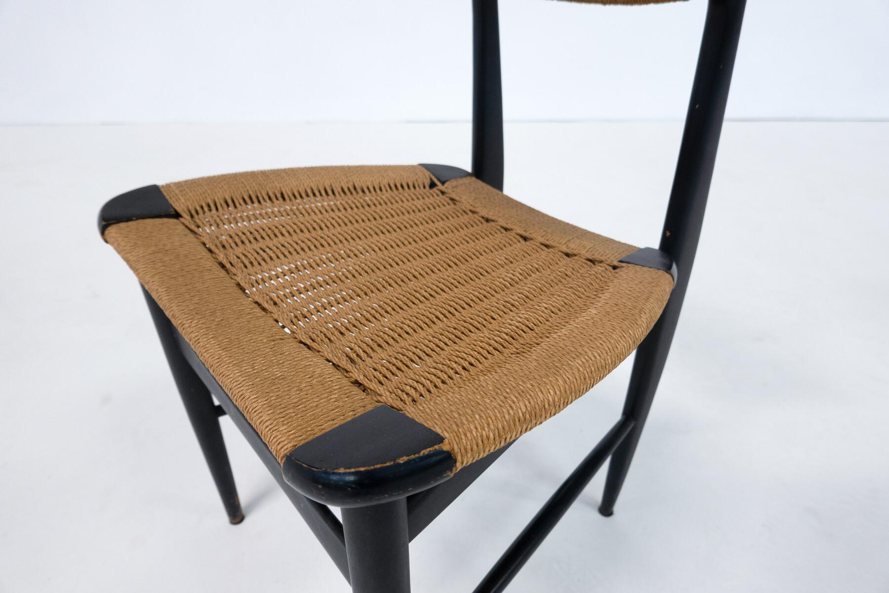 Mid-Century Modern Set of 6 Chairs, Black Wood and Rope, Italy, 1960s 1