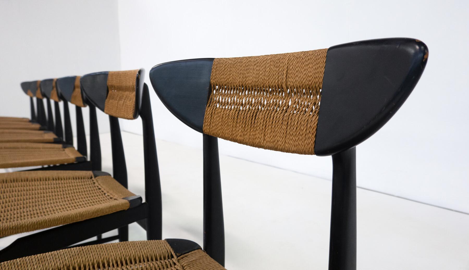 Mid-Century Modern Set of 6 Chairs, Black Wood and Rope, Italy, 1960s 3