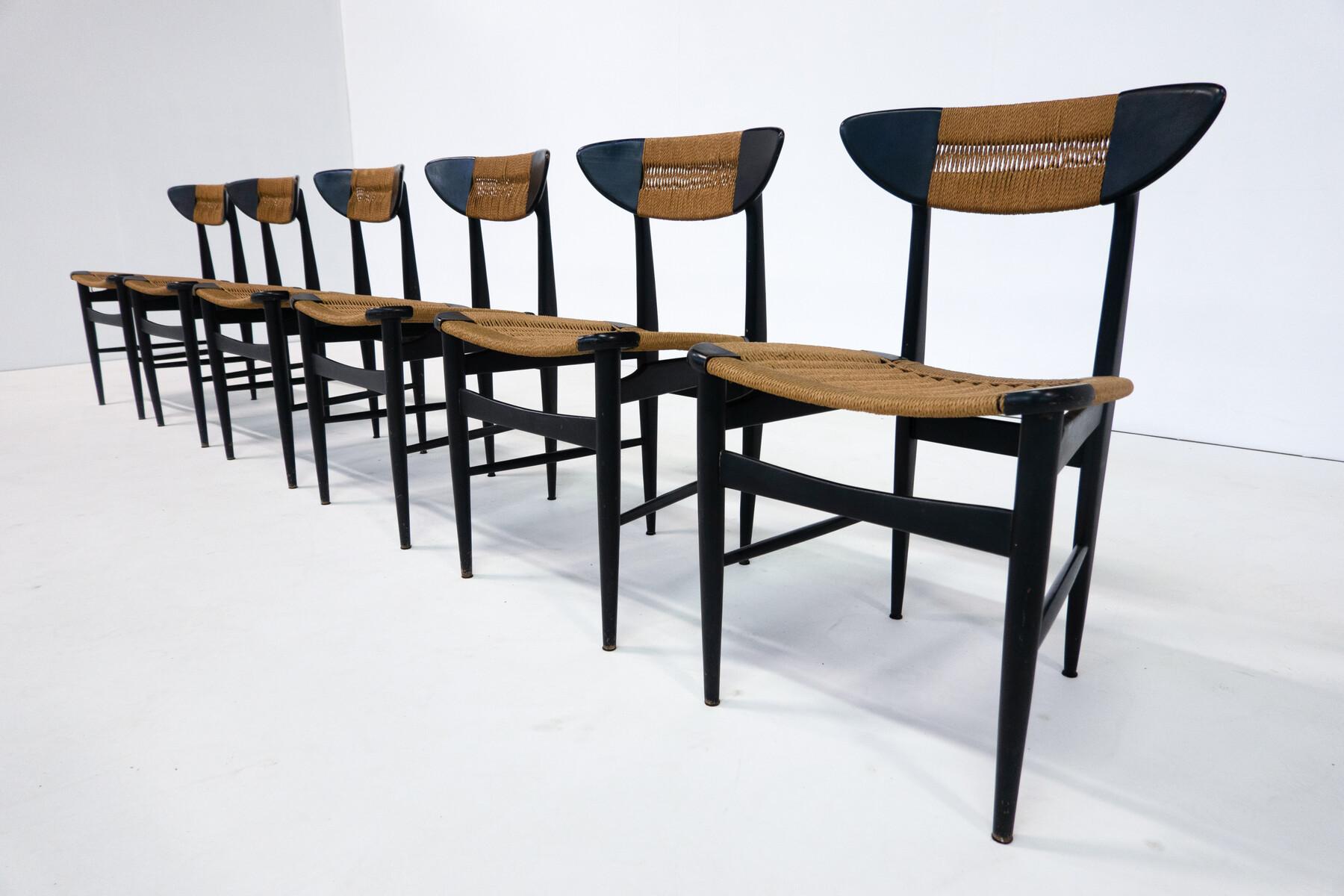 Mid-Century Modern Set of 6 Chairs, Black Wood and Rope, Italy, 1960s 4
