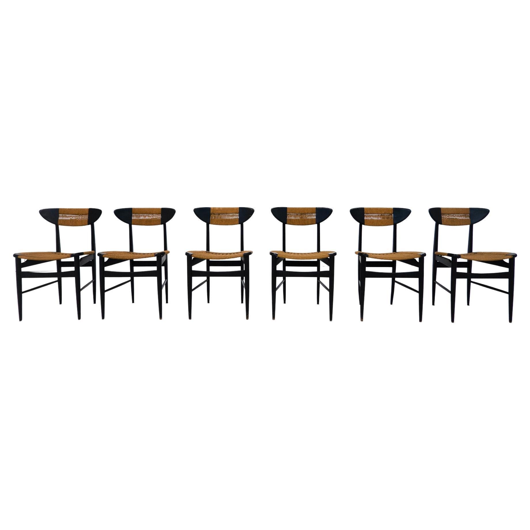 Mid-Century Modern Set of 6 Chairs, Black Wood and Rope, Italy, 1960s