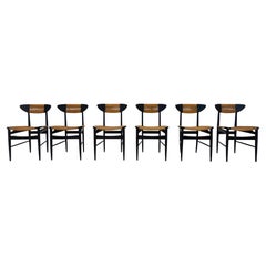 Mid-Century Modern Set of 6 Chairs, Black Wood and Rope,Italy,1960s