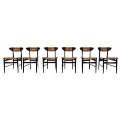 Mid-Century Modern Set of 6 Chairs, Black Wood and Rope, Italy, 1960s