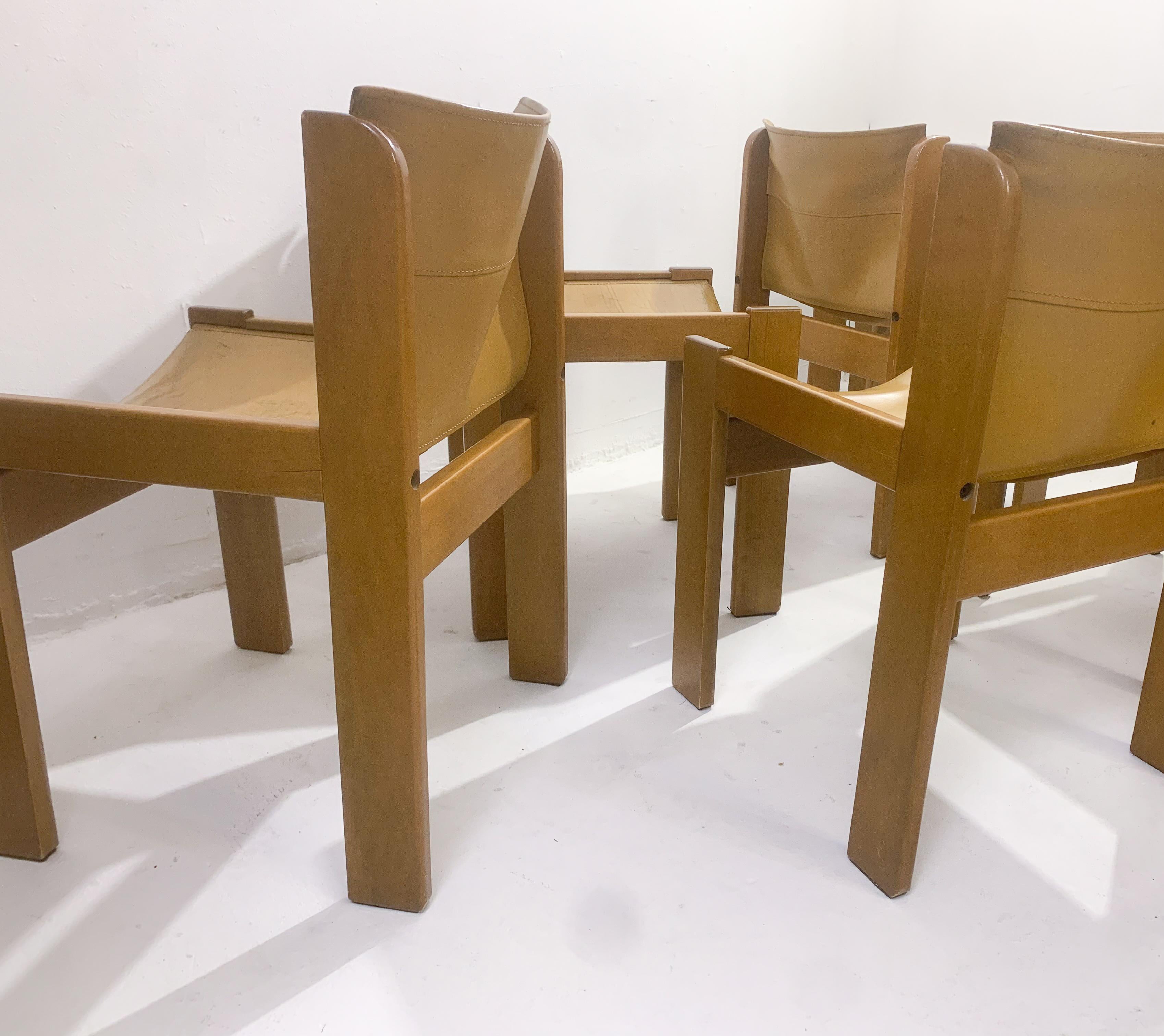 Late 20th Century Mid-Century Modern Set of 6 Chairs, Ibisco, Leather and Wood, Italy, 1970s