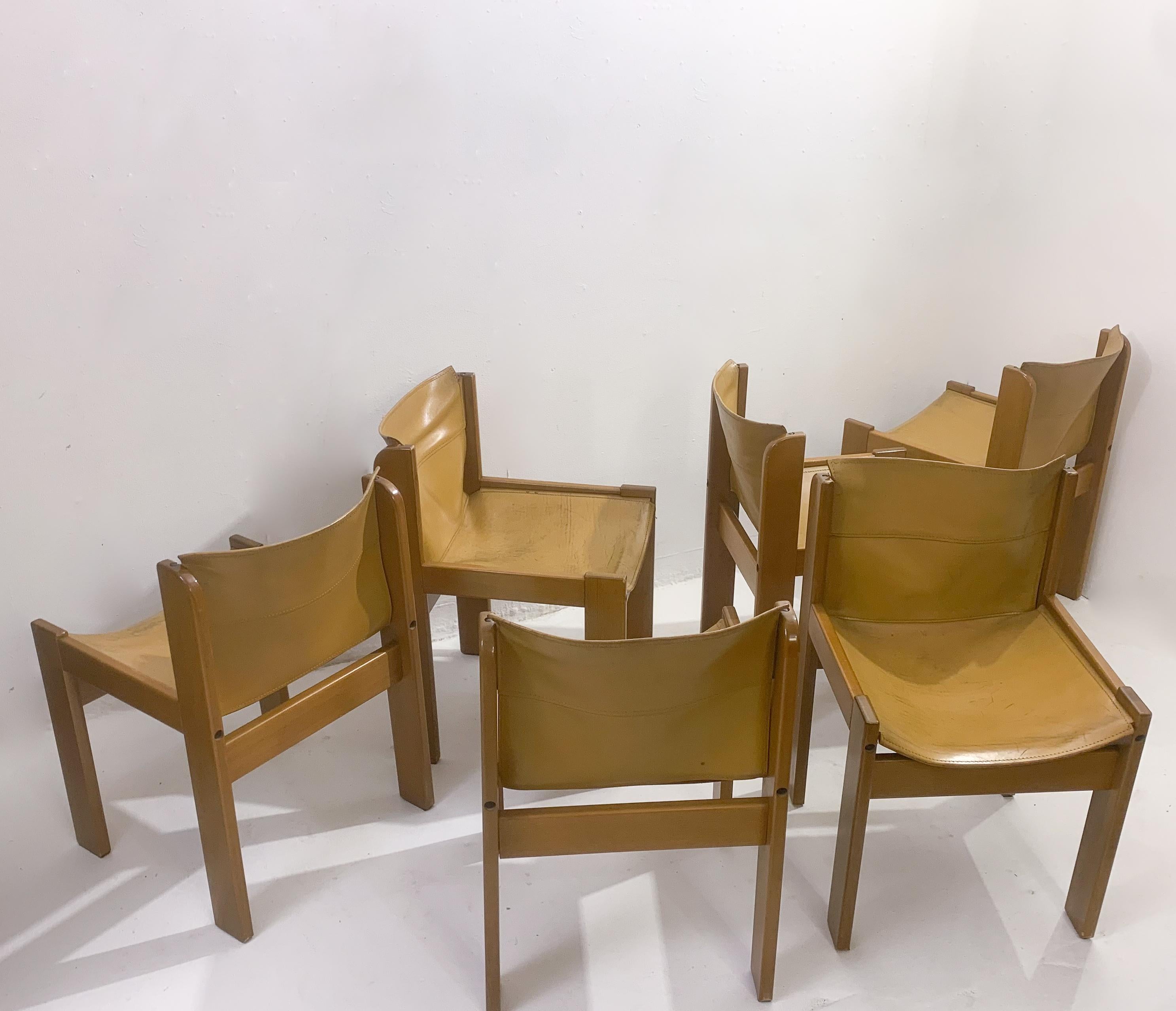 Mid-Century Modern Set of 6 Chairs, Ibisco, Leather and Wood, Italy, 1970s 1