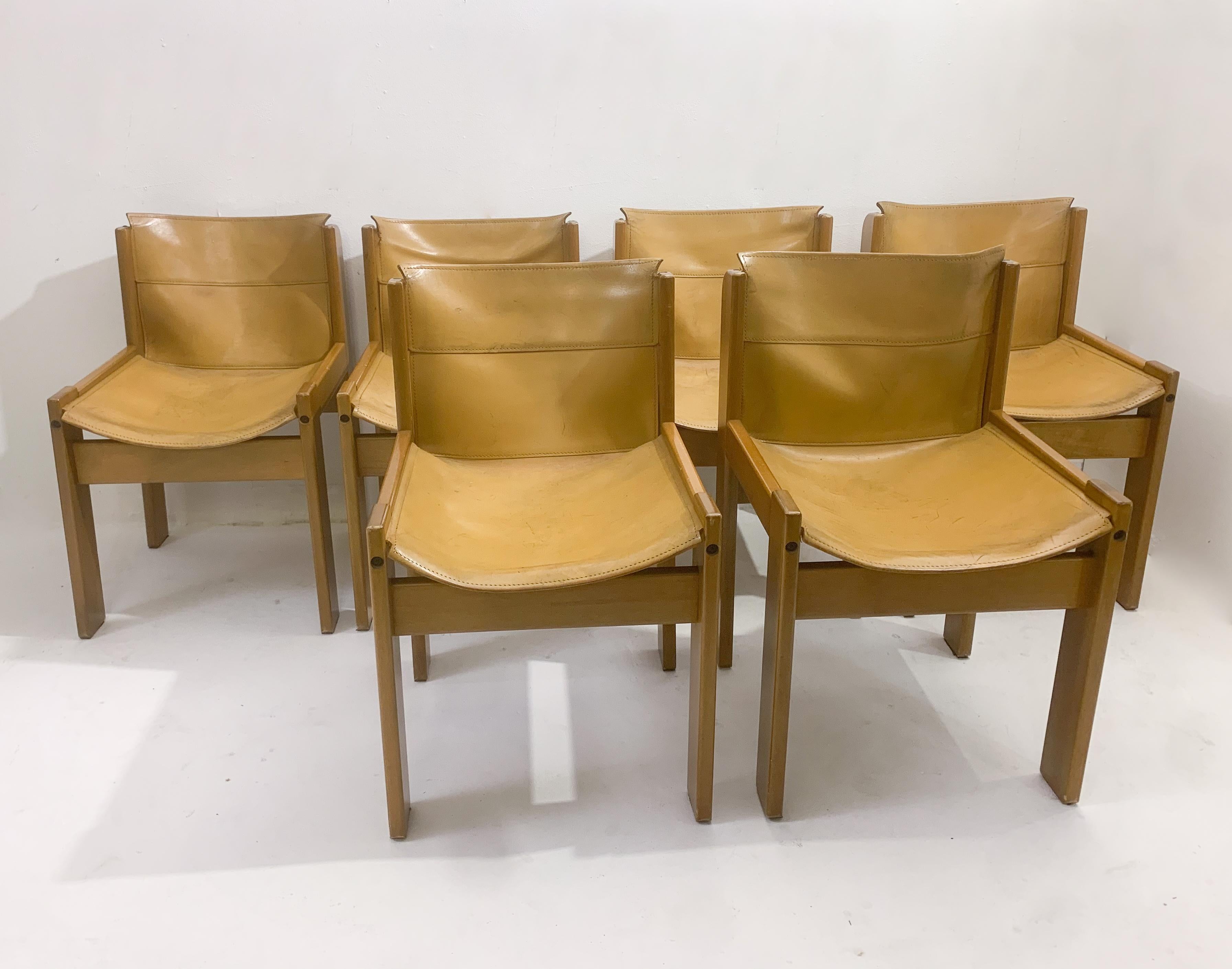 Mid-Century Modern Set of 6 Chairs, Ibisco, Leather and Wood, Italy, 1970s 2