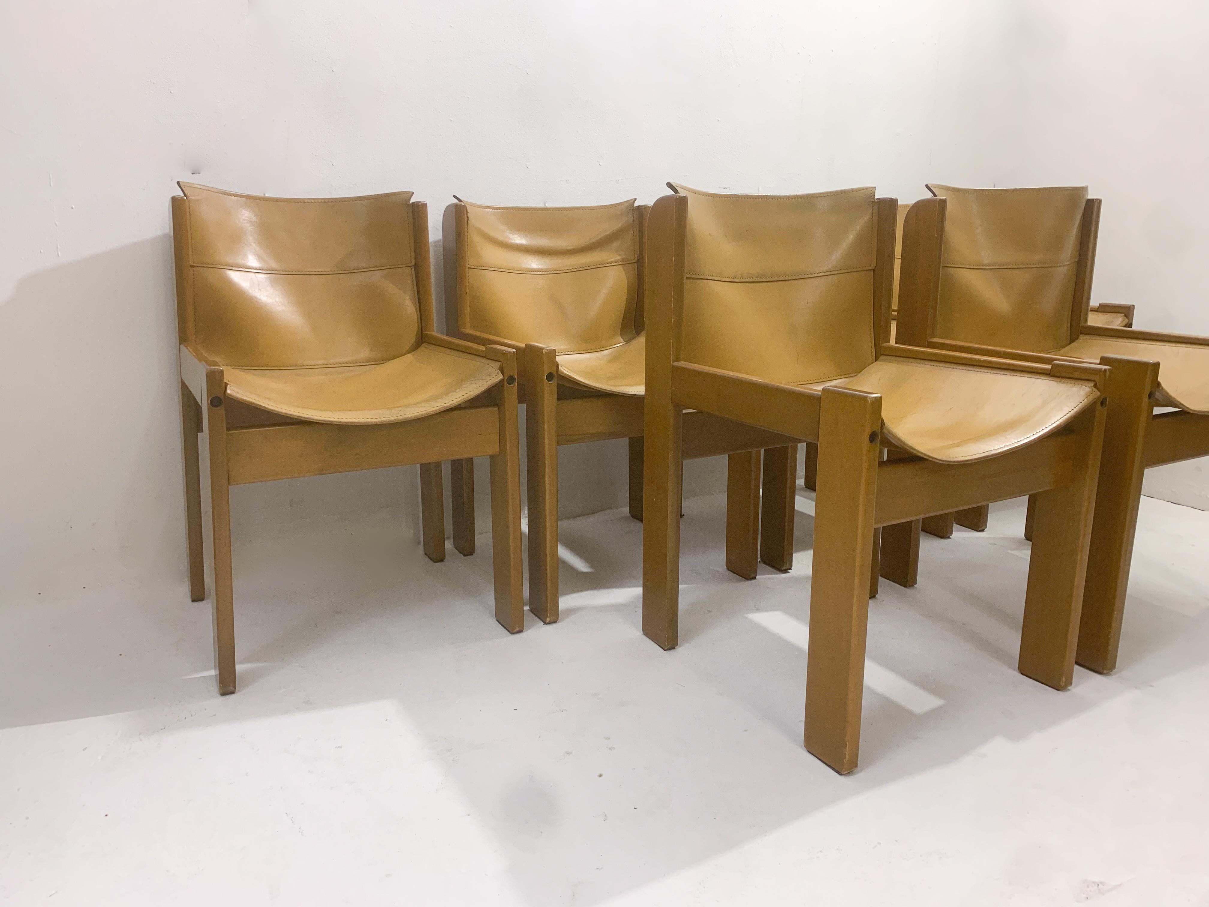 Mid-Century Modern Set of 6 Chairs, Ibisco, Leather and Wood, Italy, 1970s 3