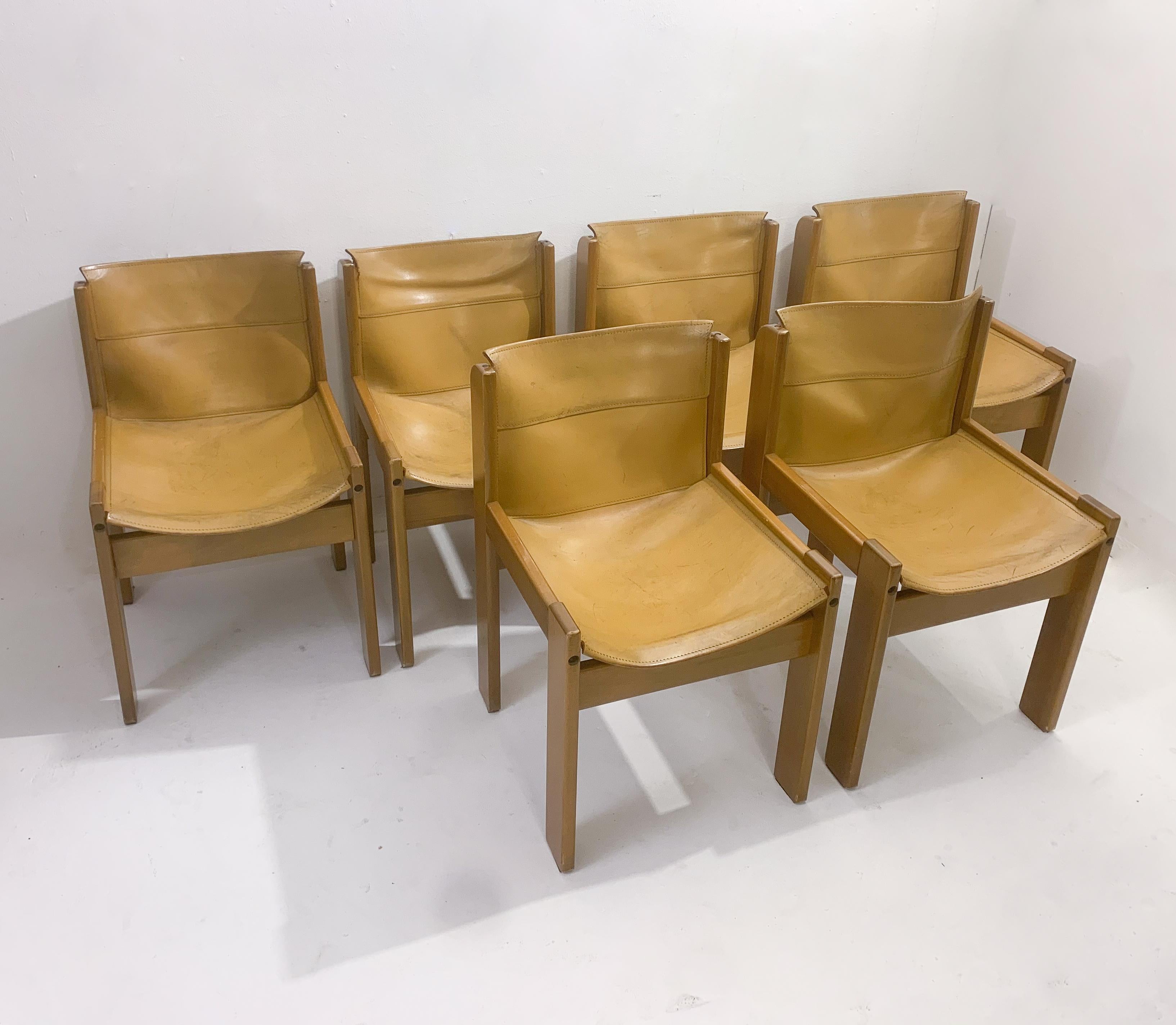 Mid-Century Modern Set of 6 Chairs, Ibisco, Leather and Wood, Italy, 1970s 4