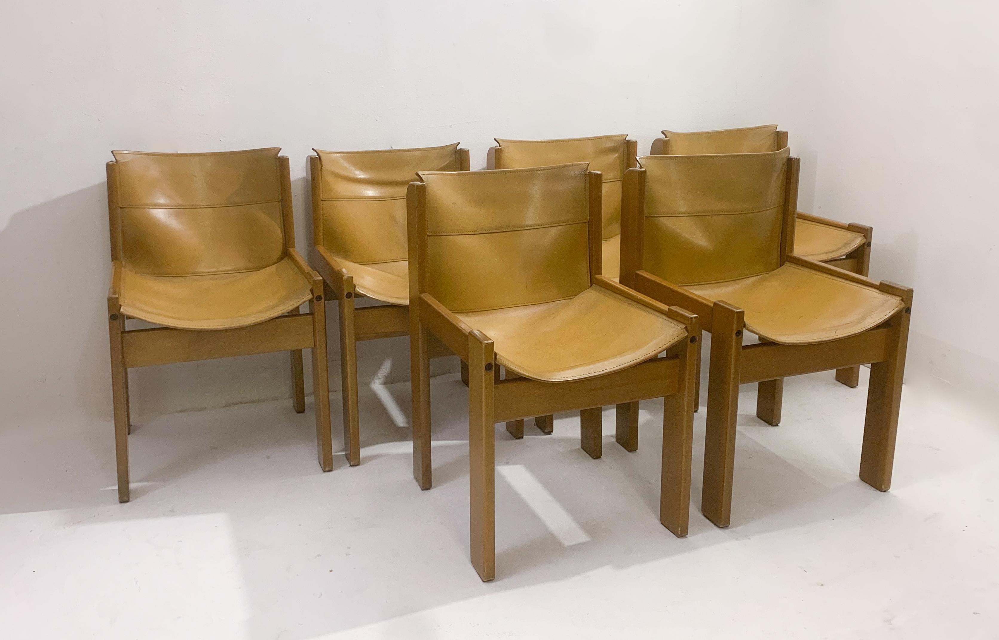 Mid-Century Modern Set of 6 Chairs, Ibisco, Leather and Wood, Italy, 1970s 5