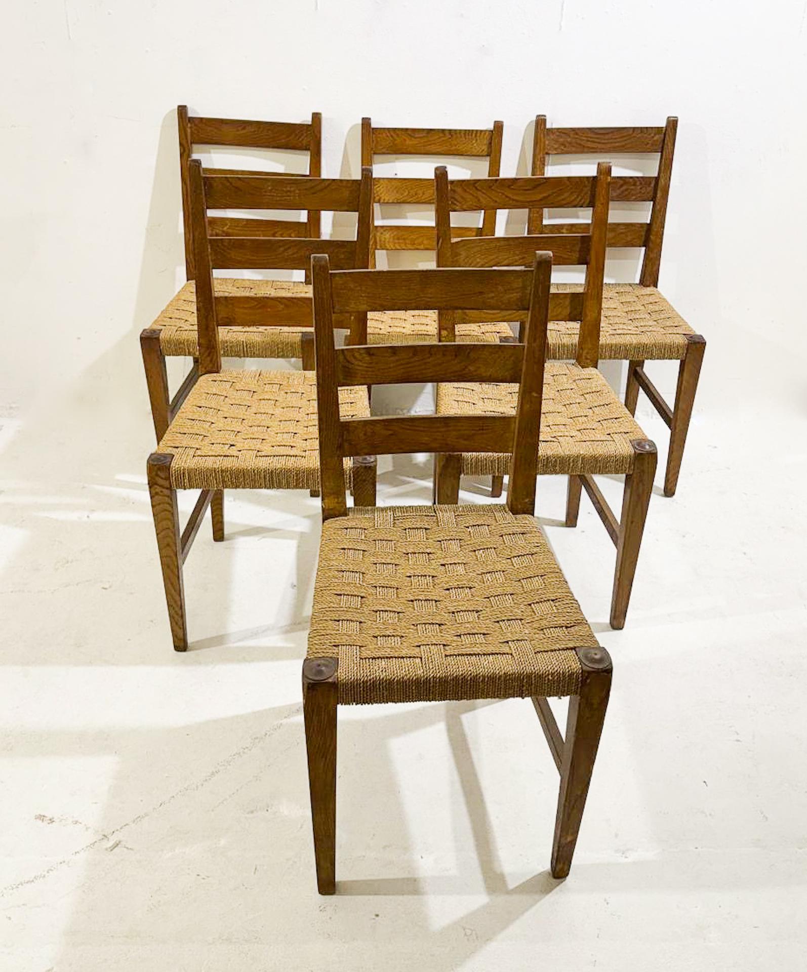  Set di 6 sedie moderne di metà secolo, Oak e corda, anni '70