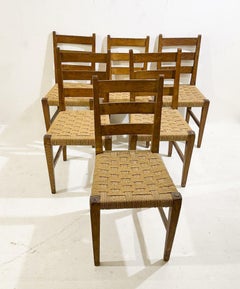 Mid-Century Modern Set of 6 Chairs, Oak and Rope, 1970s