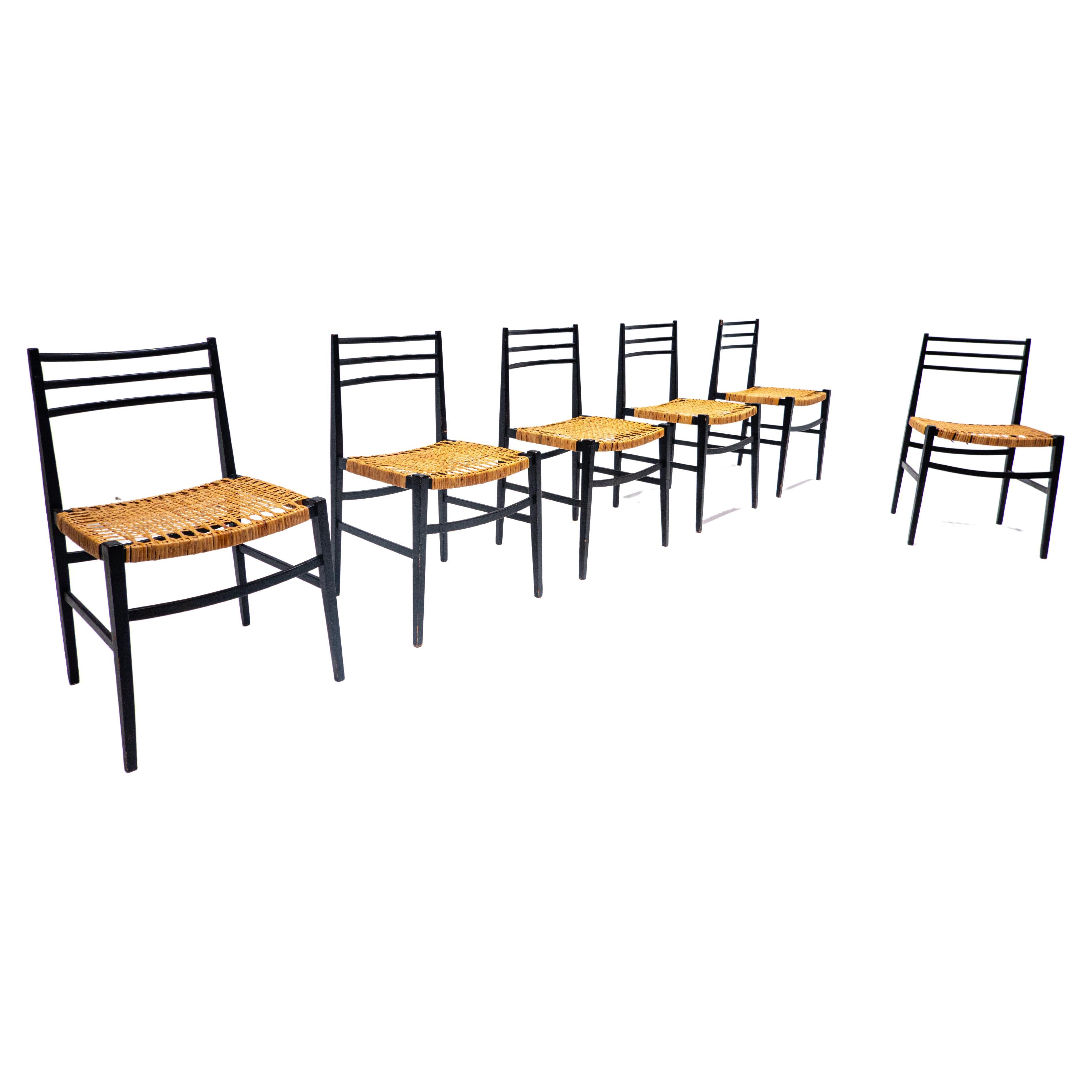 Ensemble de 6 chaises de salle à manger modernes du milieu du siècle dernier, en bois et corde de raphia, Italie, années 1960 en vente