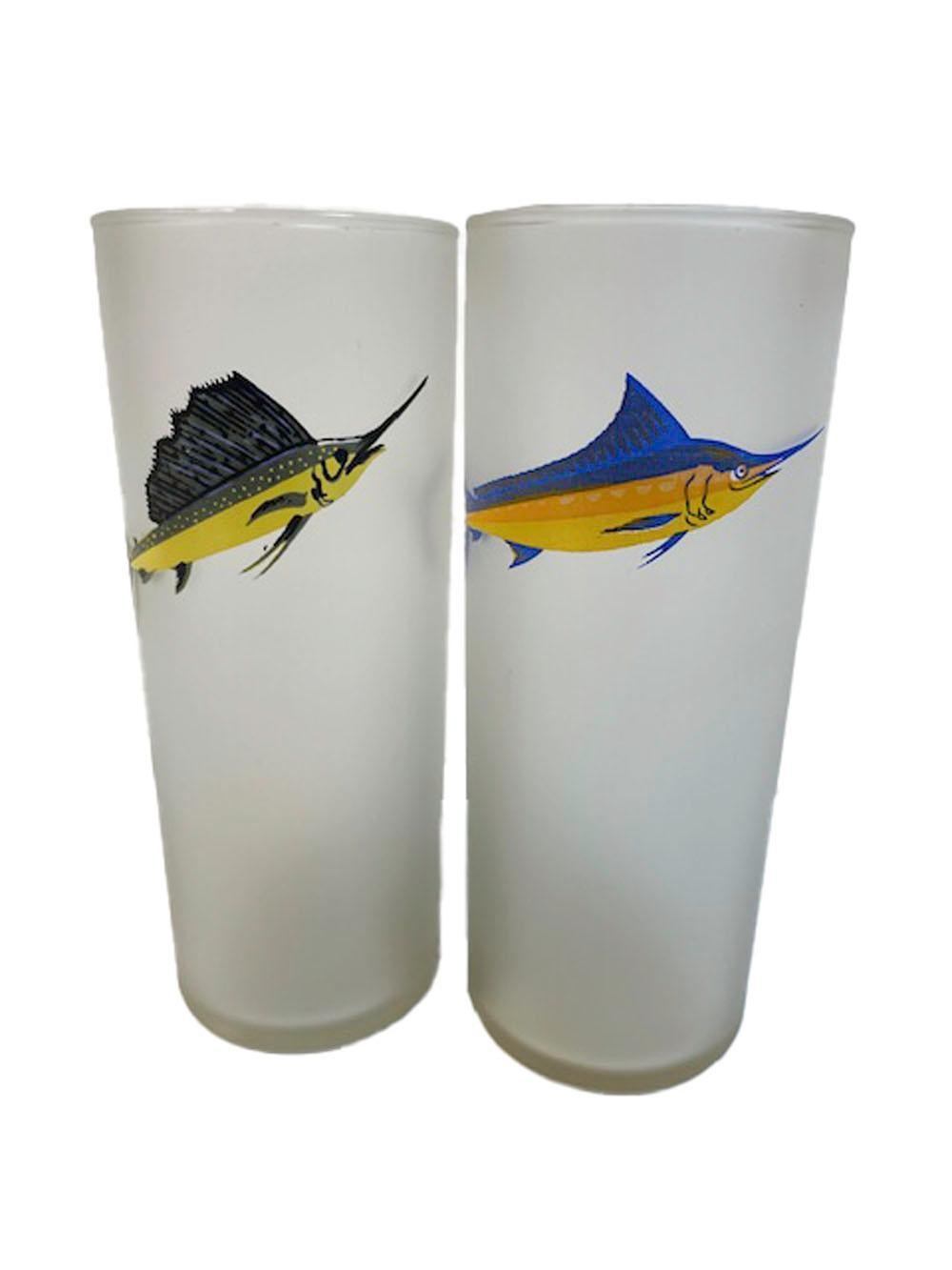 Sic vintage Libbey Tom Collins glasses with a frosted surface and each decorated with a different game fish.