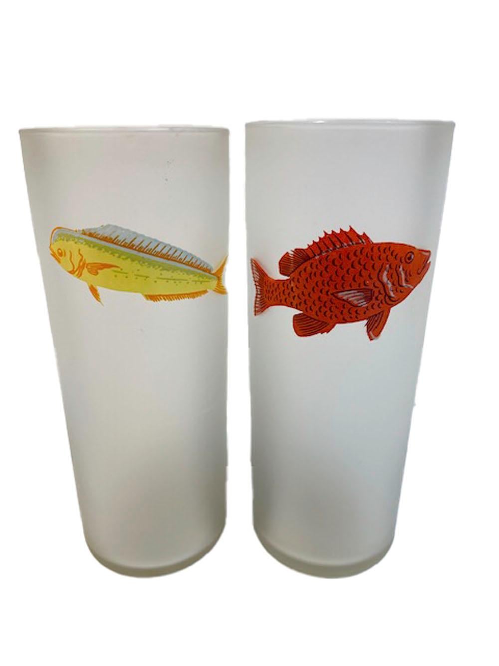 American Mid-Century Modern Set of 6 Frosted Tom Collins Glasses with Game Fish Motif