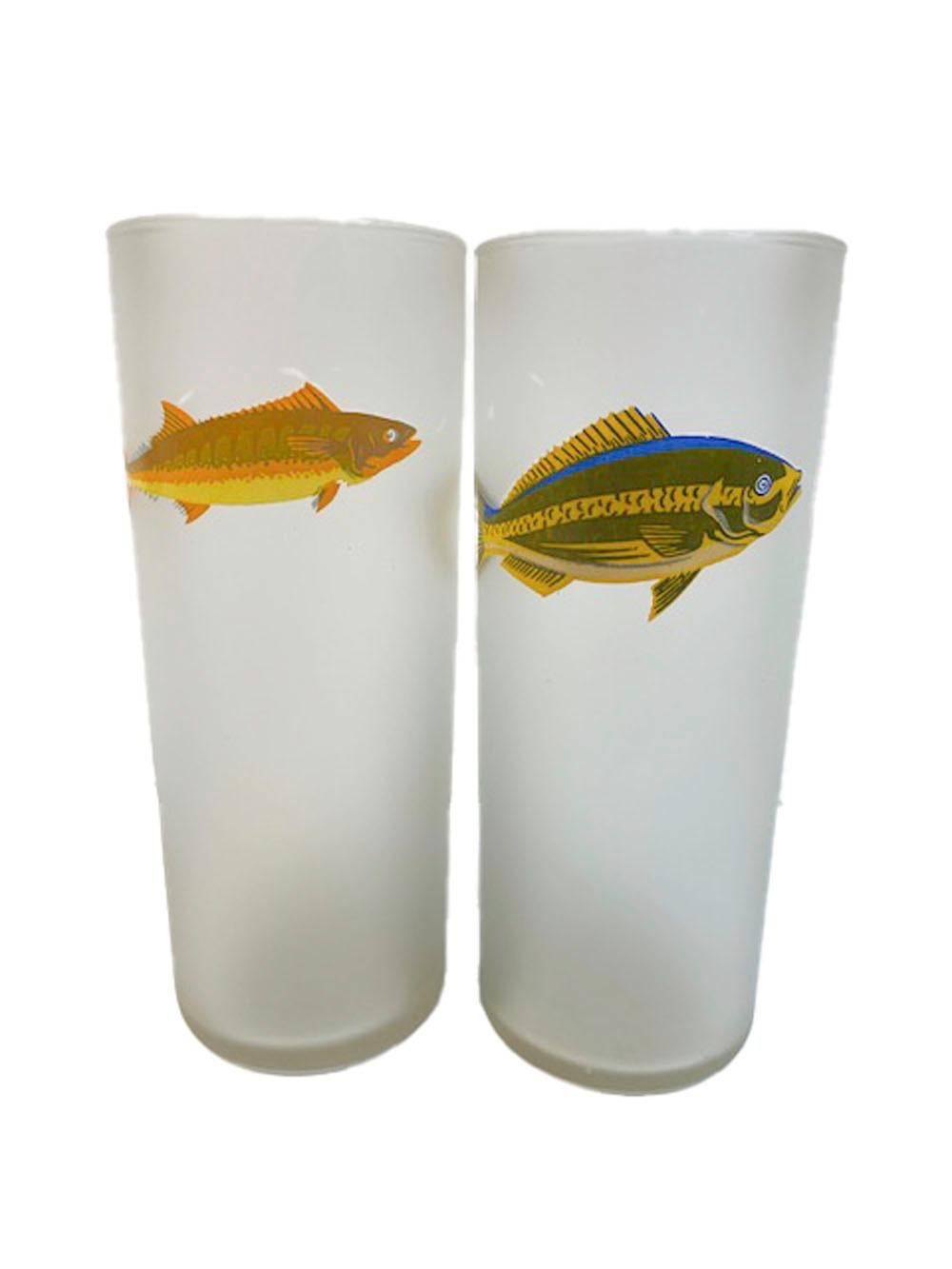 Mid-Century Modern Set of 6 Frosted Tom Collins Glasses with Game Fish Motif In Good Condition In Nantucket, MA
