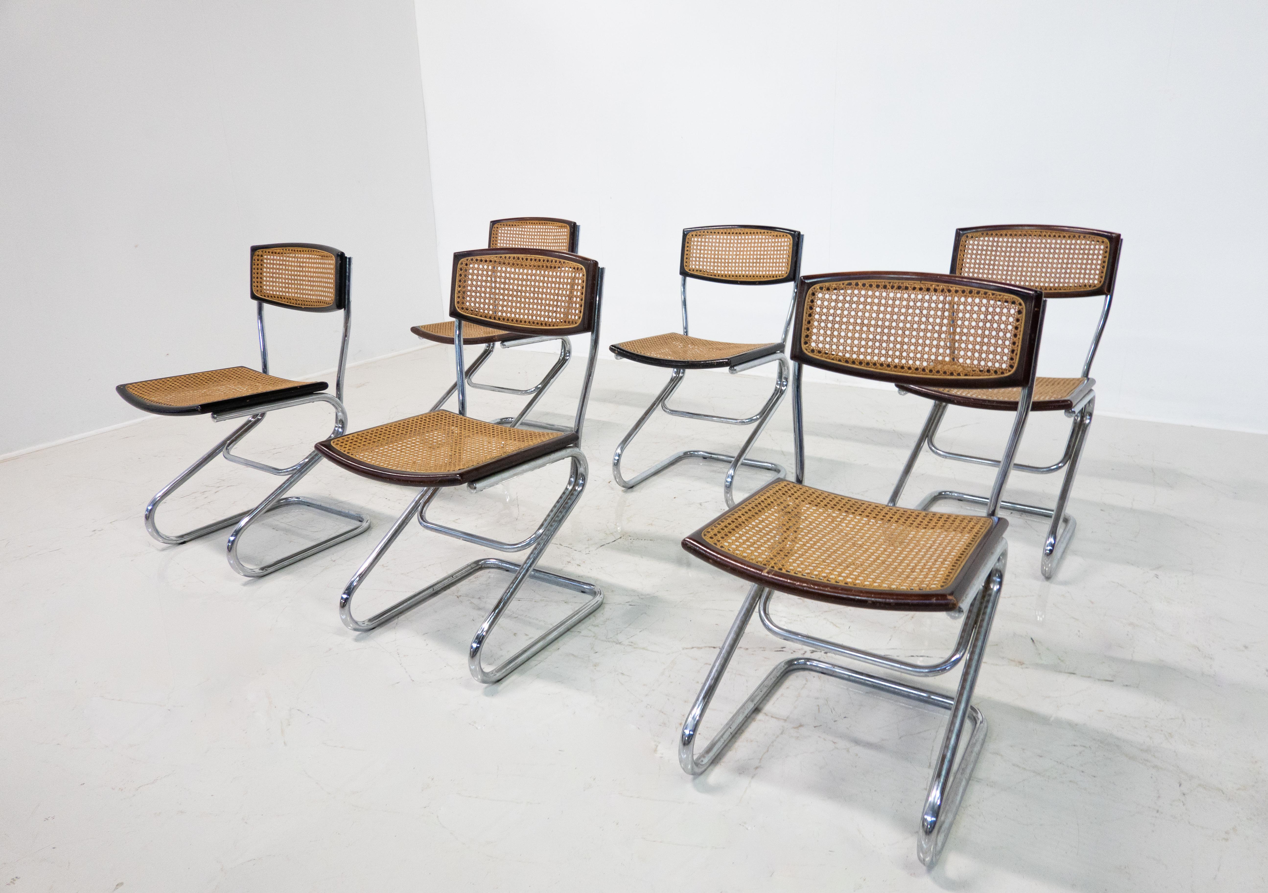 Mid-20th Century Mid-Century Modern Set of 6 Italian Cane Chairs, 1960s For Sale