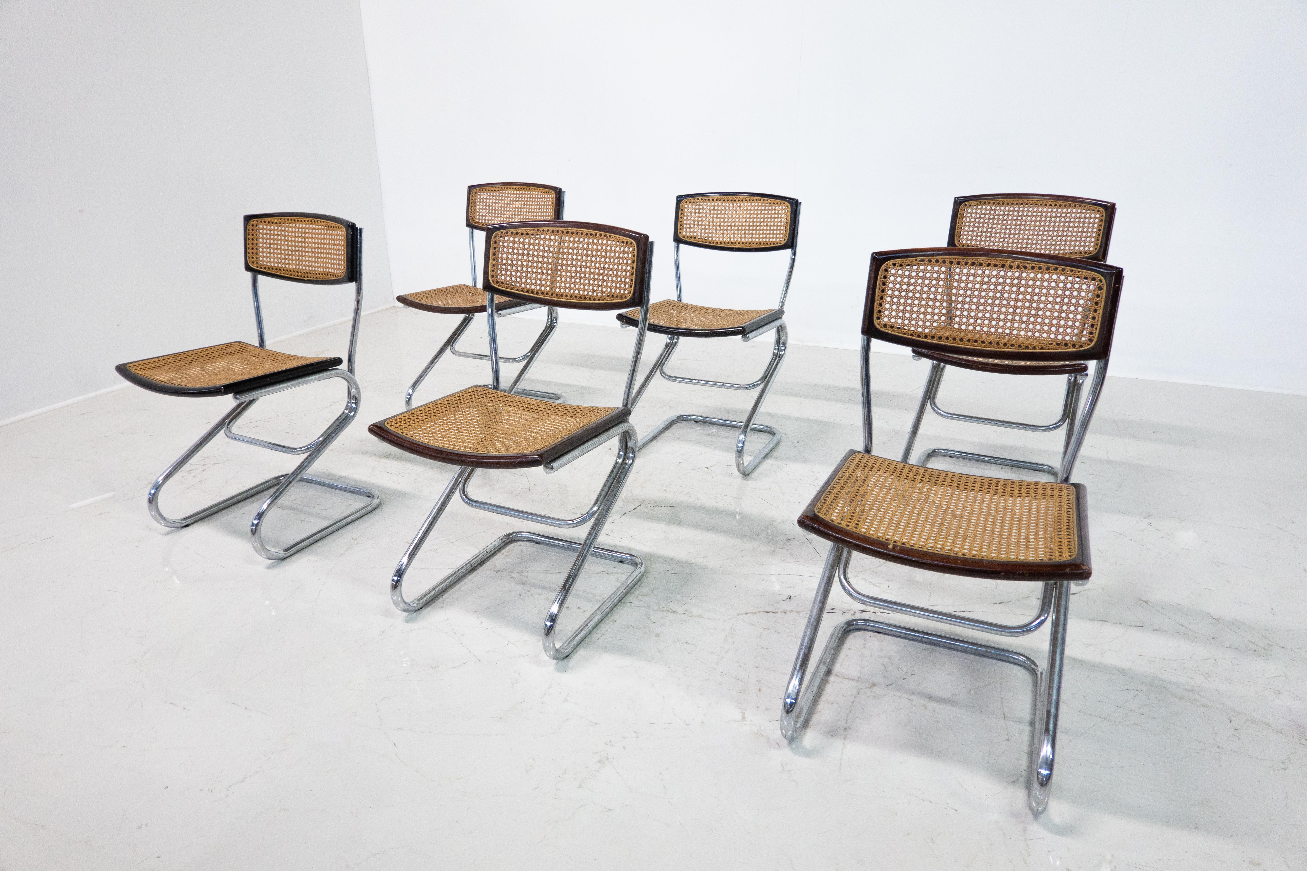 Wood Mid-Century Modern Set of 6 Italian Cane Chairs, 1960s For Sale
