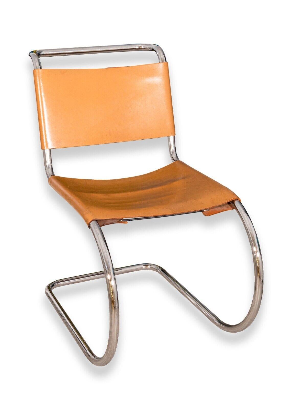 A mid century modern set of 6 Knoll Marcel Breuer cantilever leather chairs. This lovely set of mid century modern chairs are Marcel Breuer's cantilever leather chairs for Knoll. These dining chairs feature a tubular chrome metal frame, and
