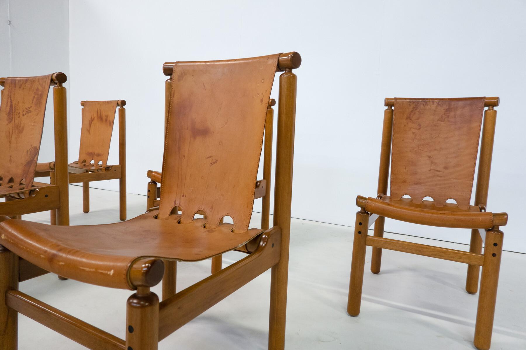 Finlandais Ensemble de 6 chaises de salle à manger en cuir de style mi-siècle moderne par Ilmari Tapiovaara pour La Pe en vente