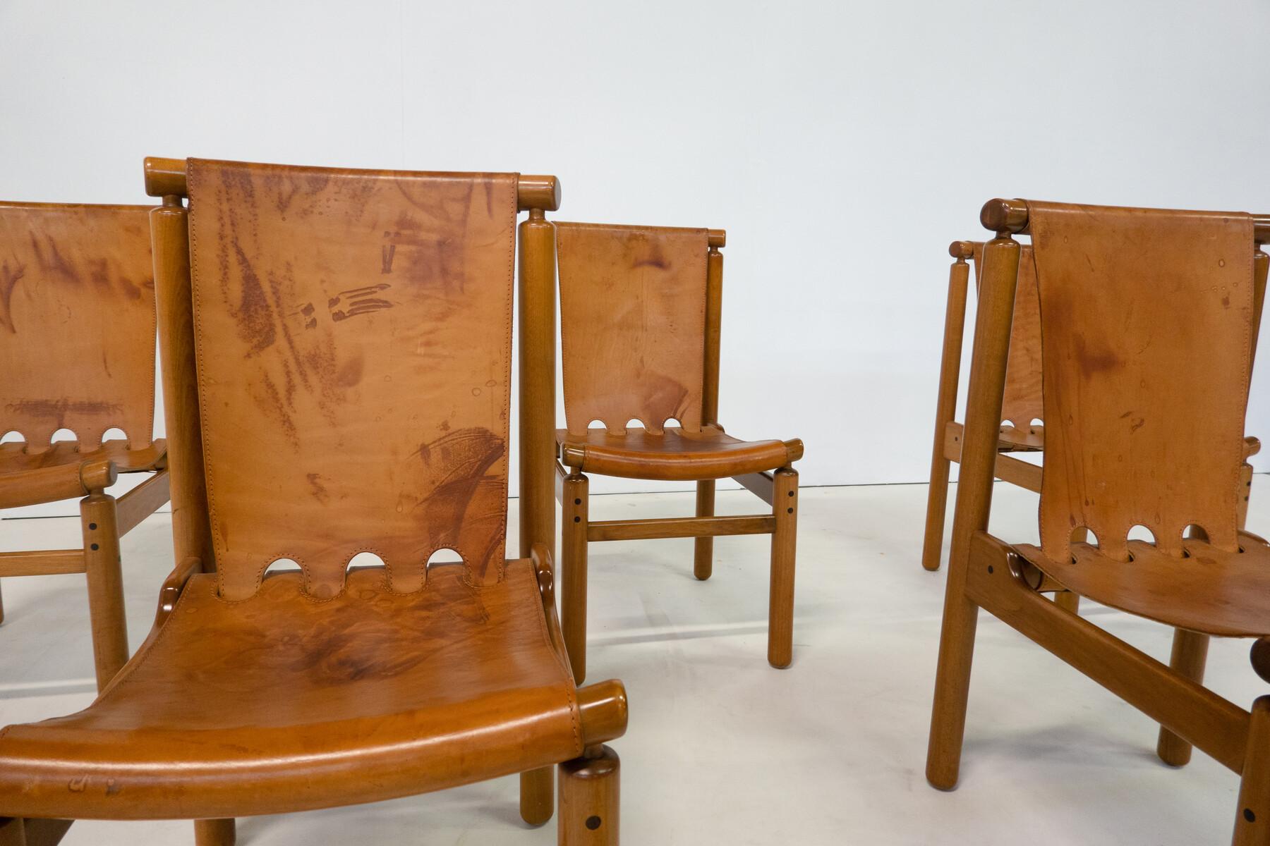 Mid-Century Modern Set of 6 Leather Dining Chairs by Ilmari Tapiovaara for La Pe In Good Condition For Sale In Brussels, BE