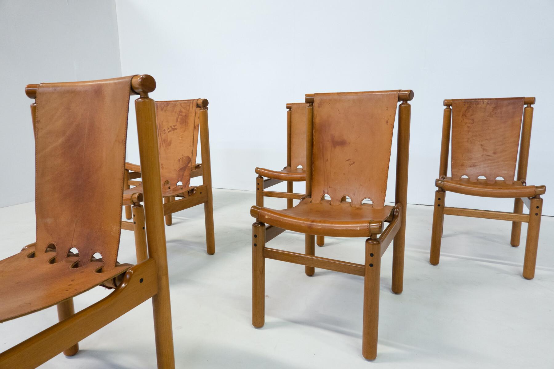 Mid-20th Century Mid-Century Modern Set of 6 Leather Dining Chairs by Ilmari Tapiovaara for La Pe For Sale