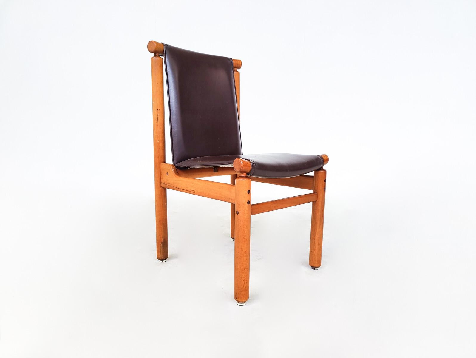 Mid-Century Modern Set of 6 Leather Dining Chairs by Ilmari Tapiovaara, La Permanente Mobili Cantù, 1970s