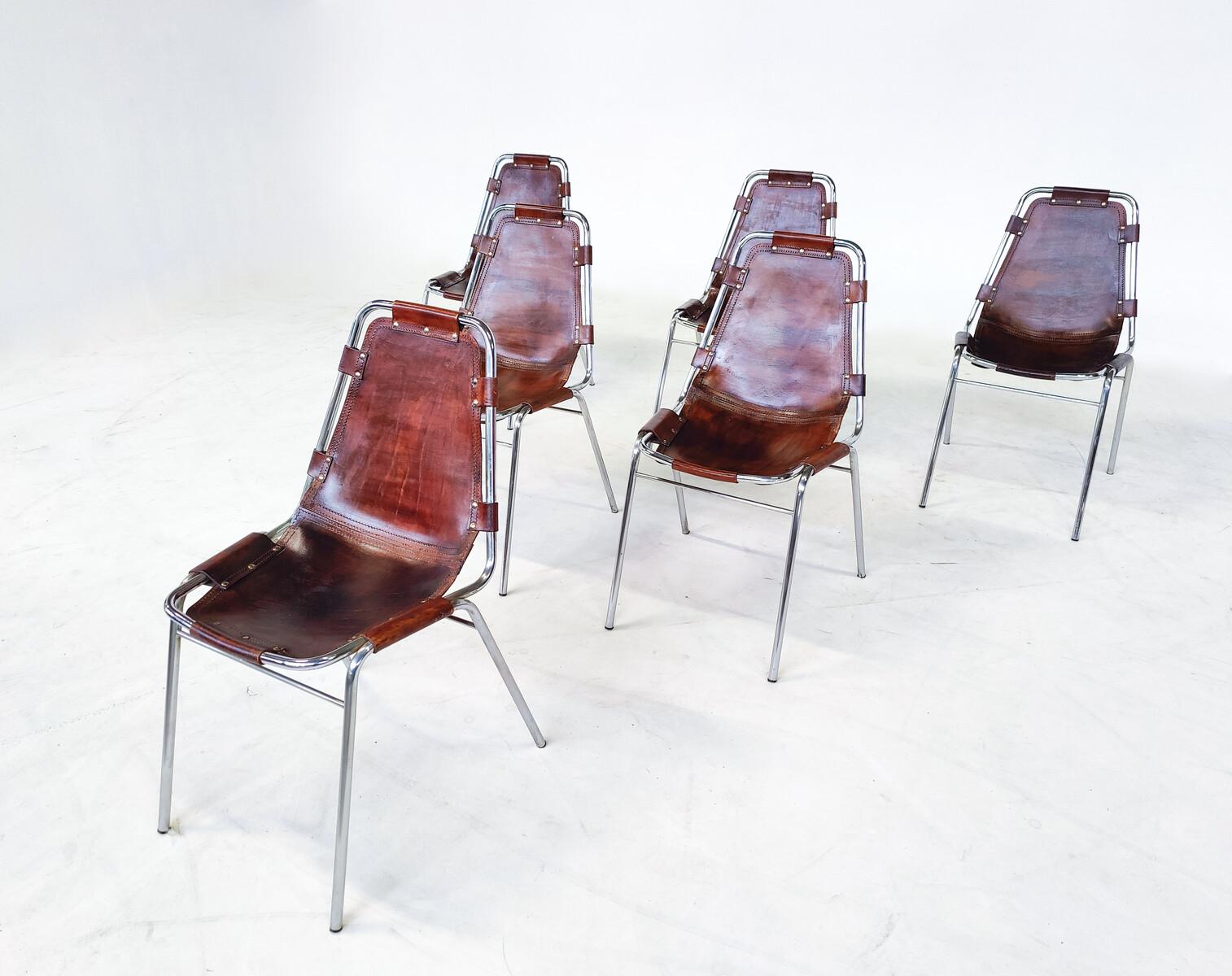 Mid-Century Set of 6 Leather Les Arcs Chairs, DalVera, Selected by Perriand, France,1960s.