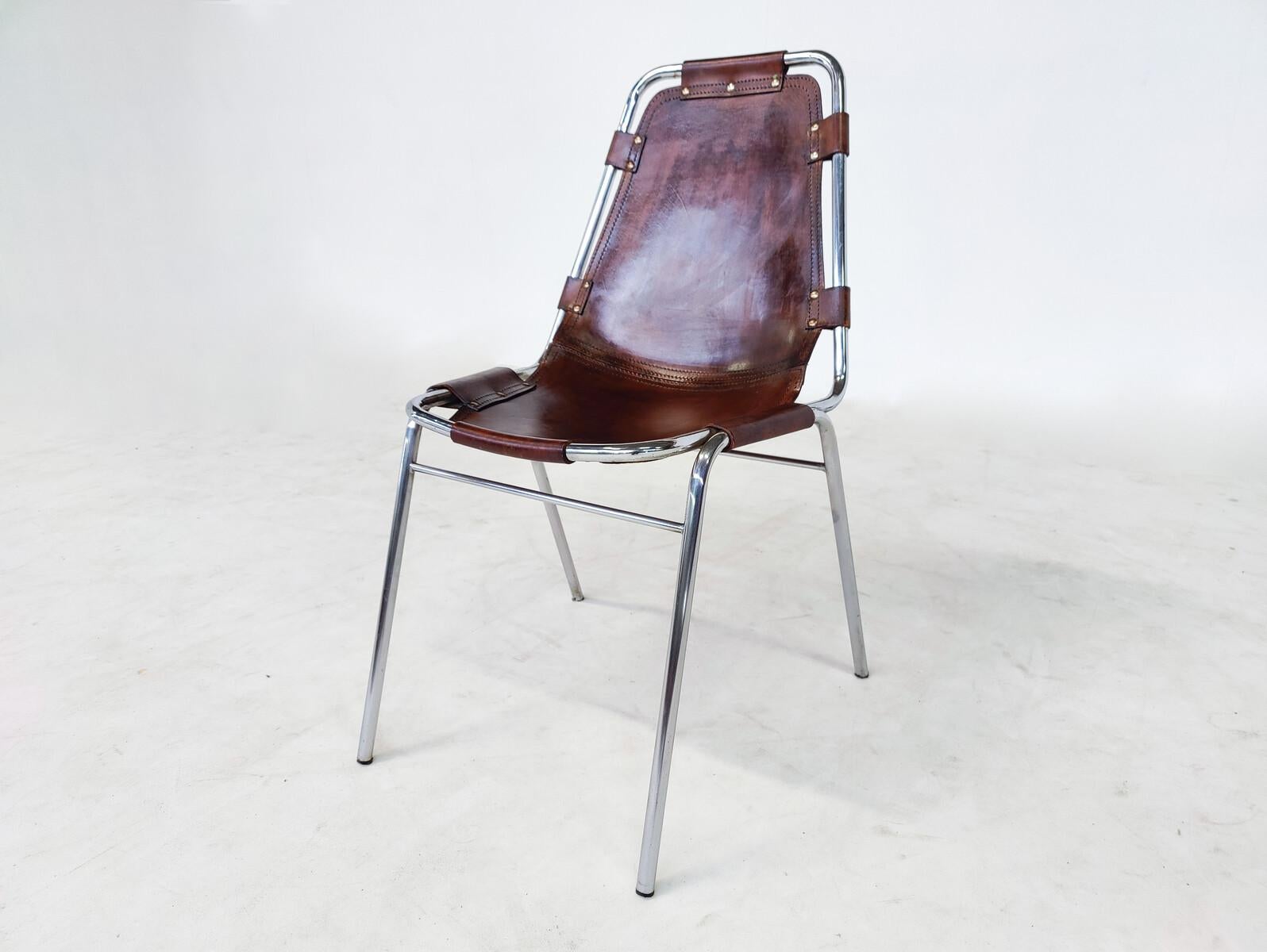 Midcentury Set of 6 Leather Les Arcs Chairs, Dalvera, Selected by Perriand For Sale 1
