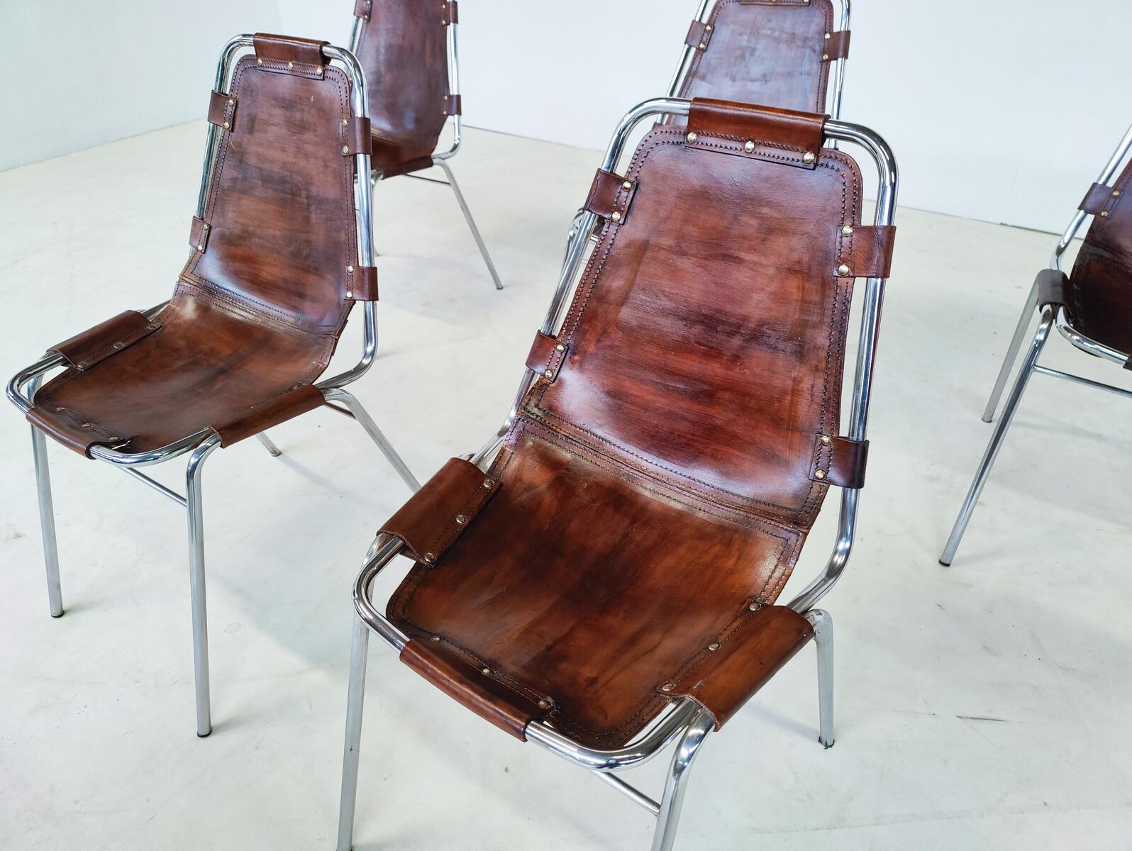 Midcentury Set of 6 Leather Les Arcs Chairs, Dalvera, Selected by Perriand For Sale 3