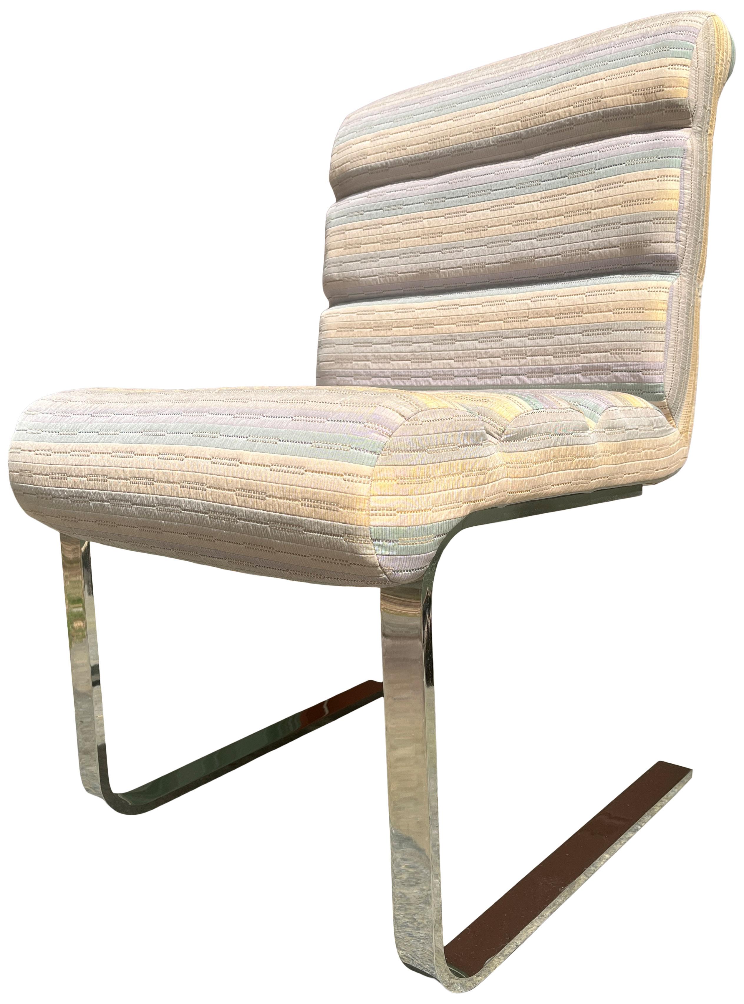 A set of six 'Lugano' dining chairs by designer Frank Mariani, manufactured by the Pace Collection, circa 1970s, upholstered backs and seats on cantilever bases on heavy chromed sled base.