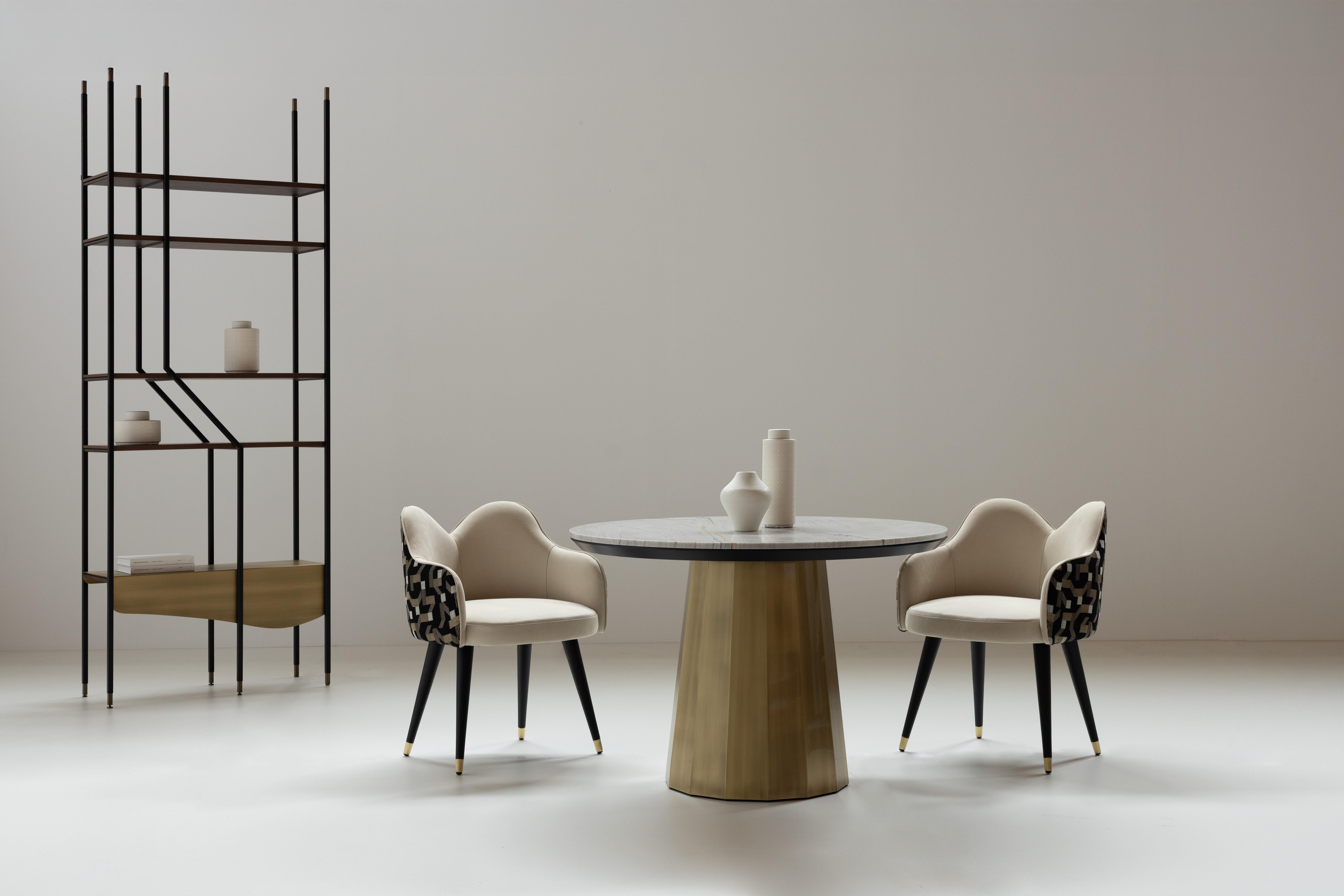 Portuguese Mid-Century Modern Set of 6 Mary Dining Chairs, Velvet Leather, Brass Greenapple For Sale