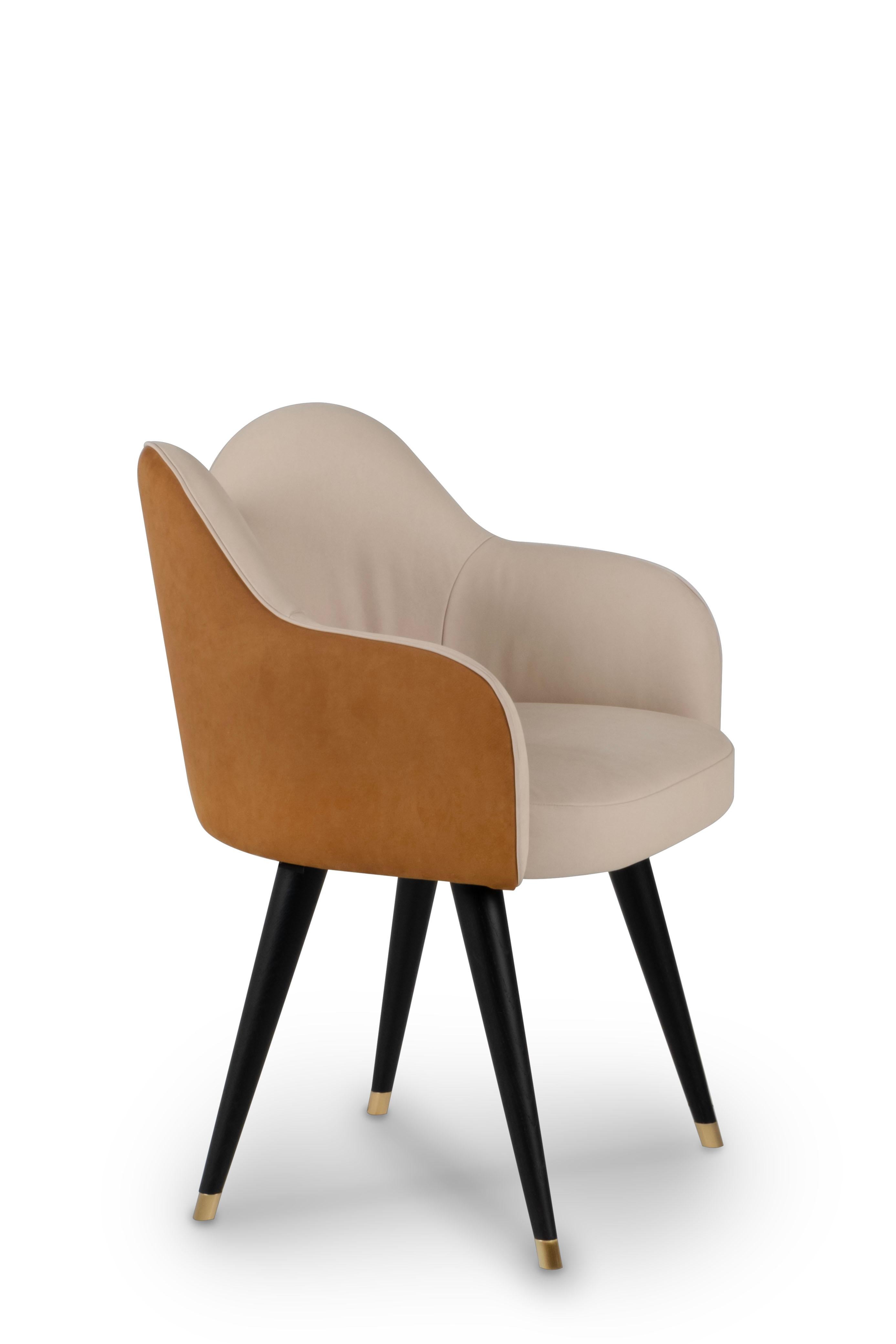 Contemporary Mid-Century Modern Set of 6 Mary Dining Chairs, Velvet Leather, Brass Greenapple For Sale