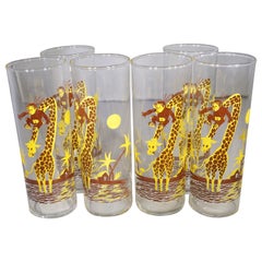 Mid-Century Modern Set of 6 Monkey And Giraffe Tall Glasses Set