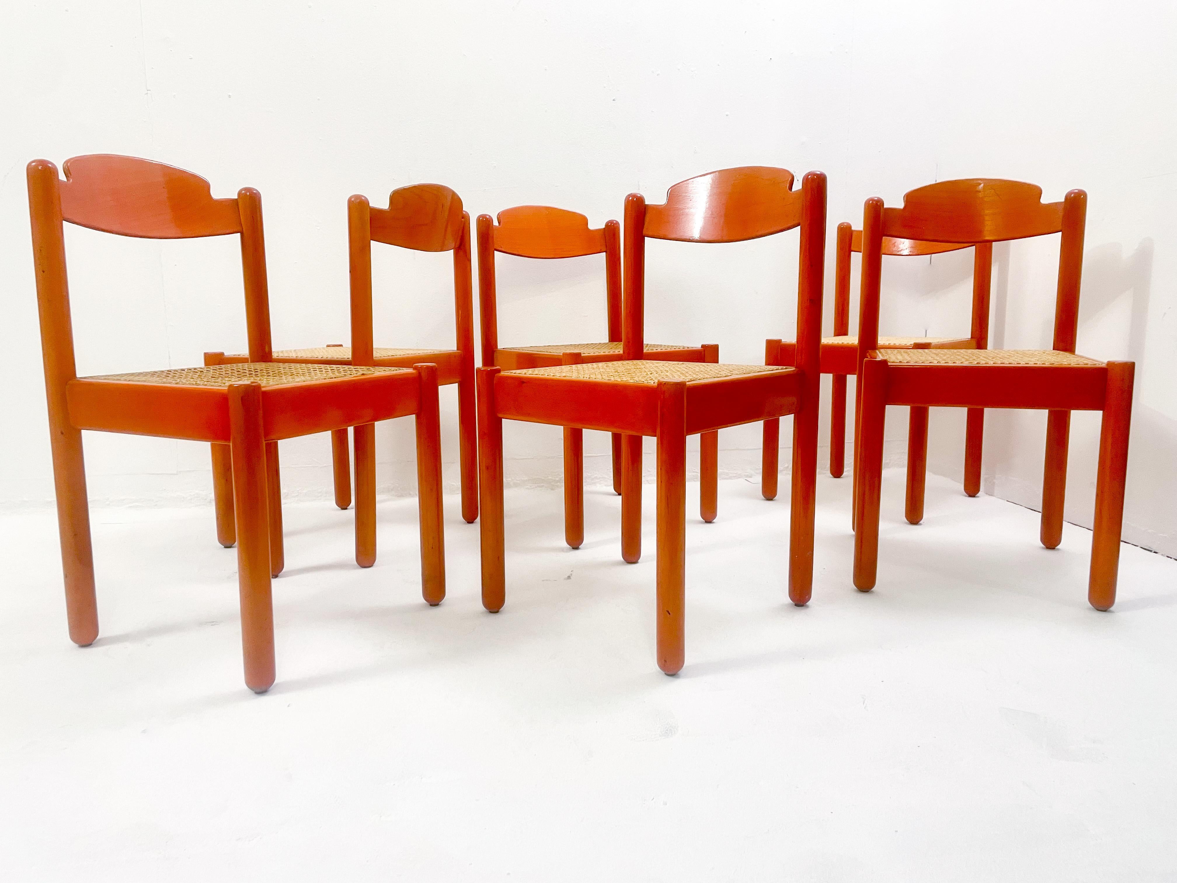 Mid-Century Modern Set of 6 Orange Chairs, Wood, Italy, 1960s For Sale 1