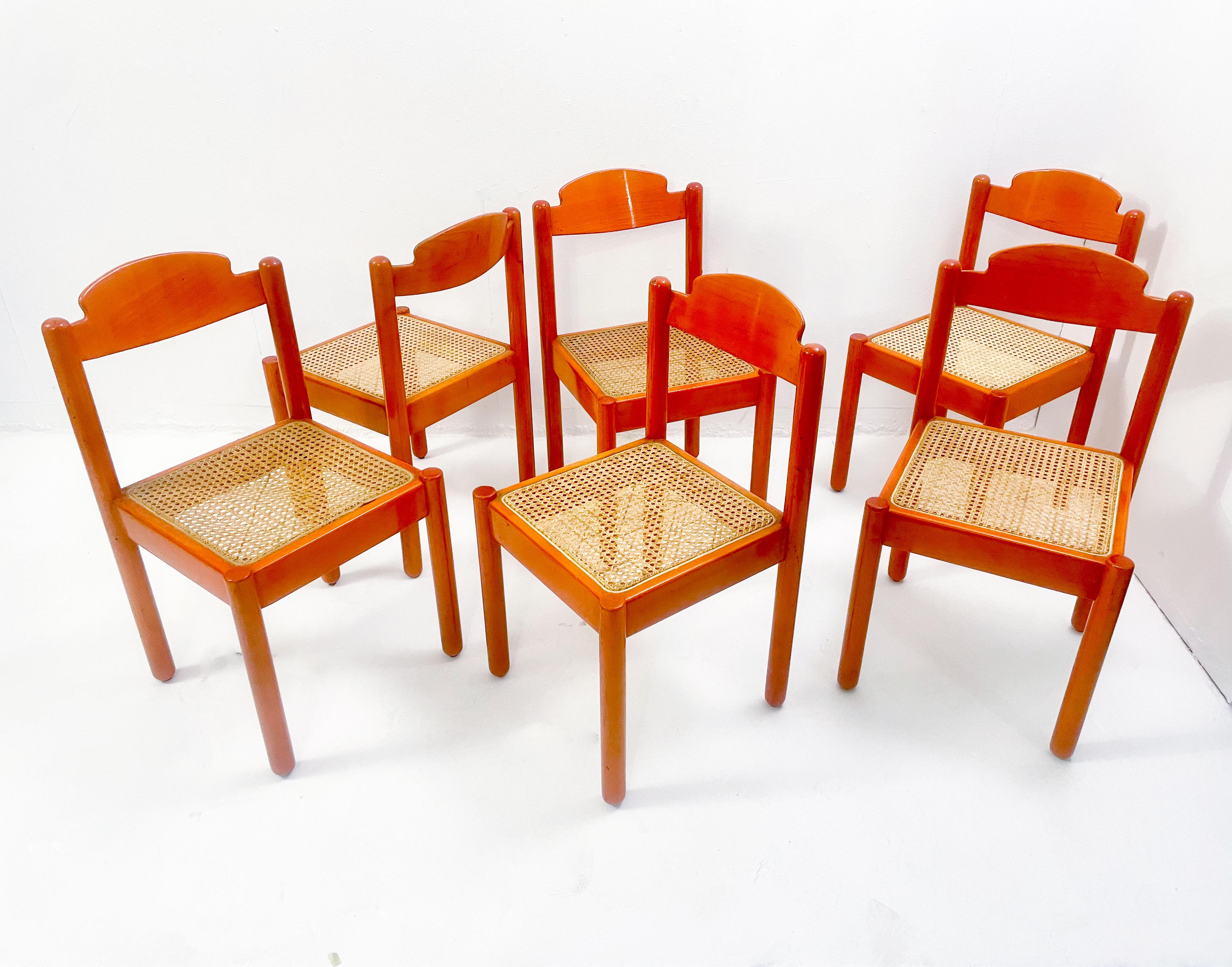 Mid-Century Modern Set of 6 Orange Chairs, Wood, Italy, 1960s For Sale 3
